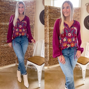 DoubleStitched Hem Stretch Woven Material Last Chance Size Small | Savanna Jane | These Are The Days Long Sleeve Floral Embroidered Top in Magenta