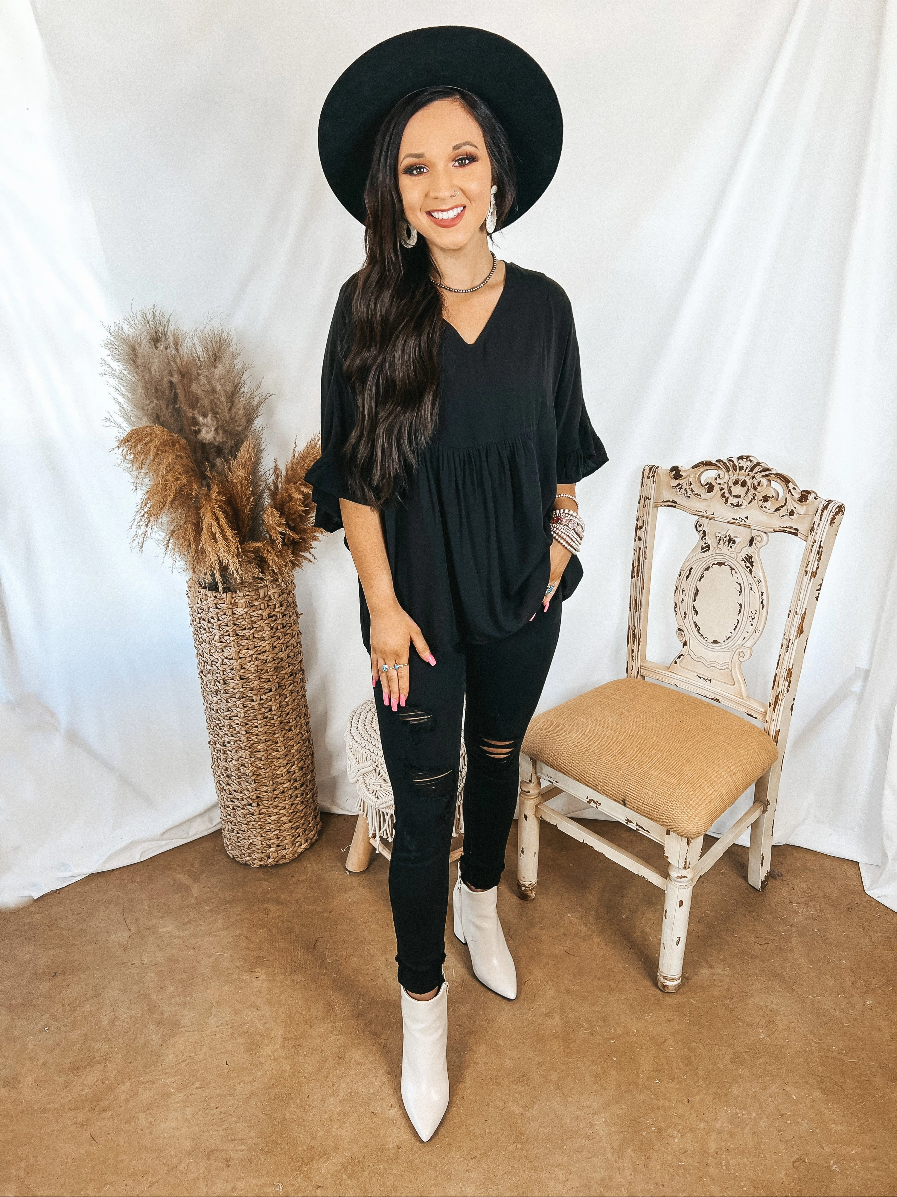 Last Chance Size Small and 2XL | Blissful Moments Ruffle Sleeve V Neck Blouse in Black Day Off