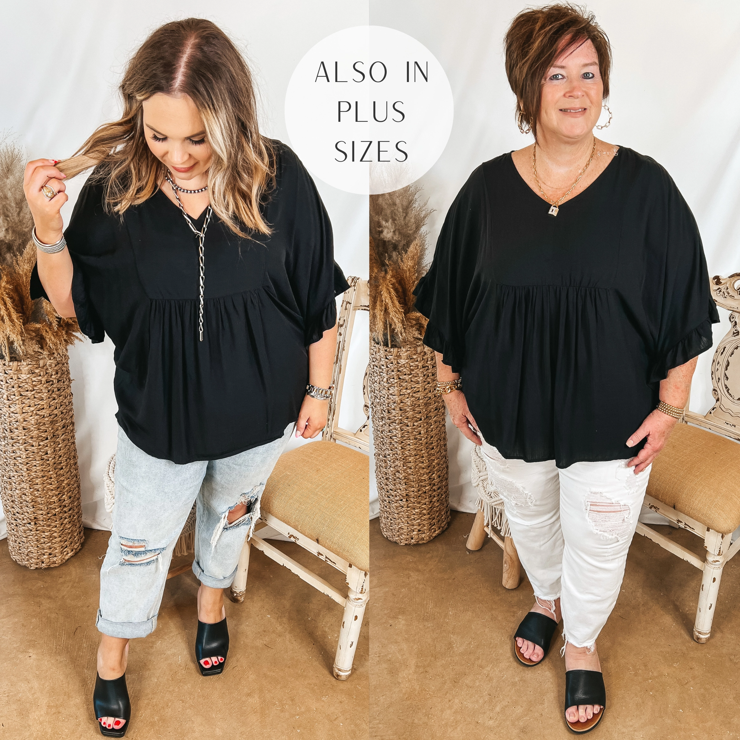 Last Chance Size Small and 2XL | Blissful Moments Ruffle Sleeve V Neck Blouse in Black Polish Tone Kind Soul