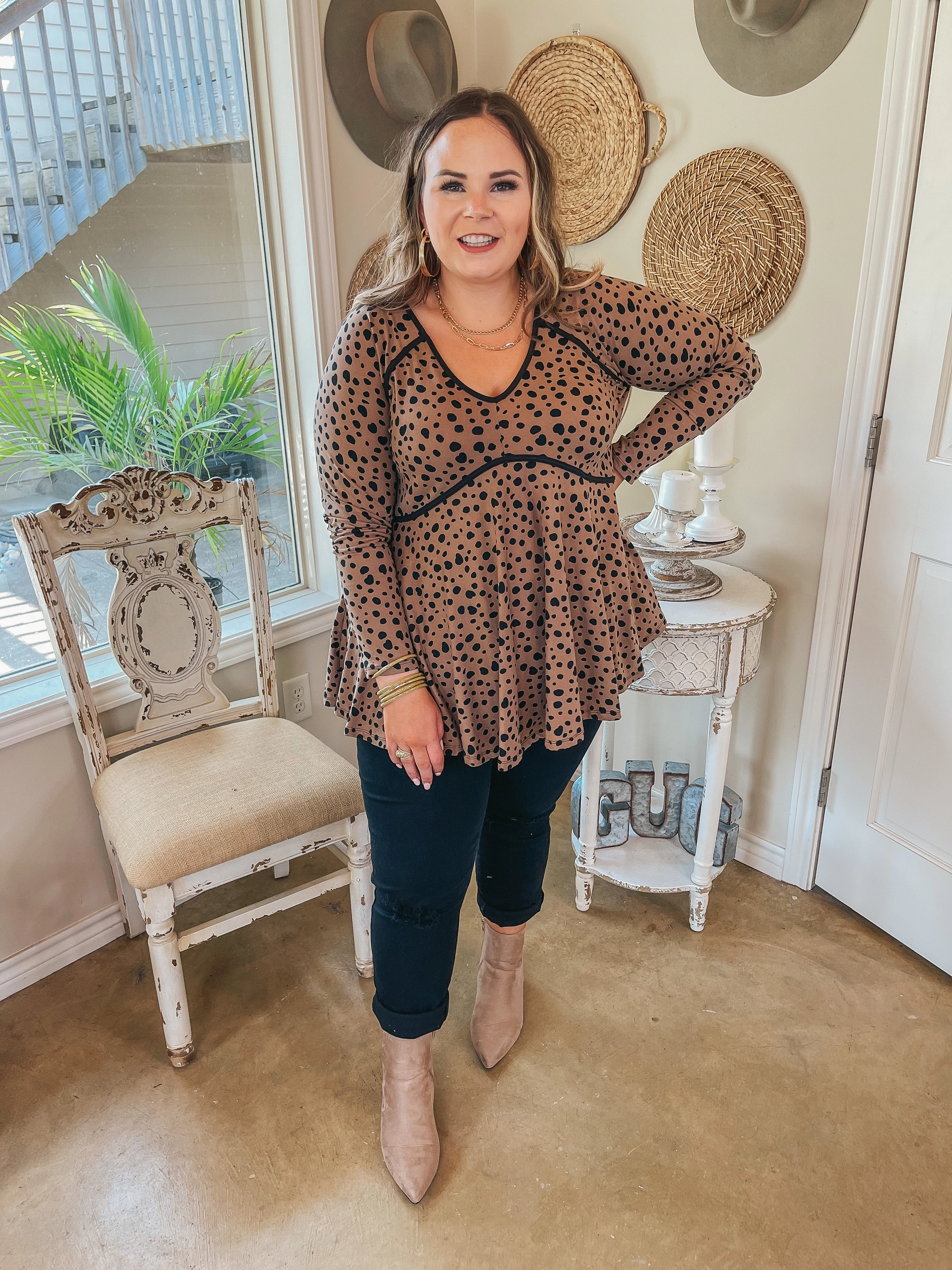 She's A Doll Long Sleeve Dotted Babydoll Top with V Neckline in Brown StretchPaneling Hero Tale