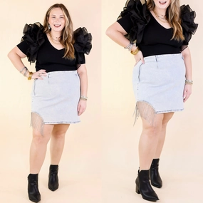 Grandest Moments Denim Mini Skirt with Crystal Fringe in Light Wash TaglessDesign