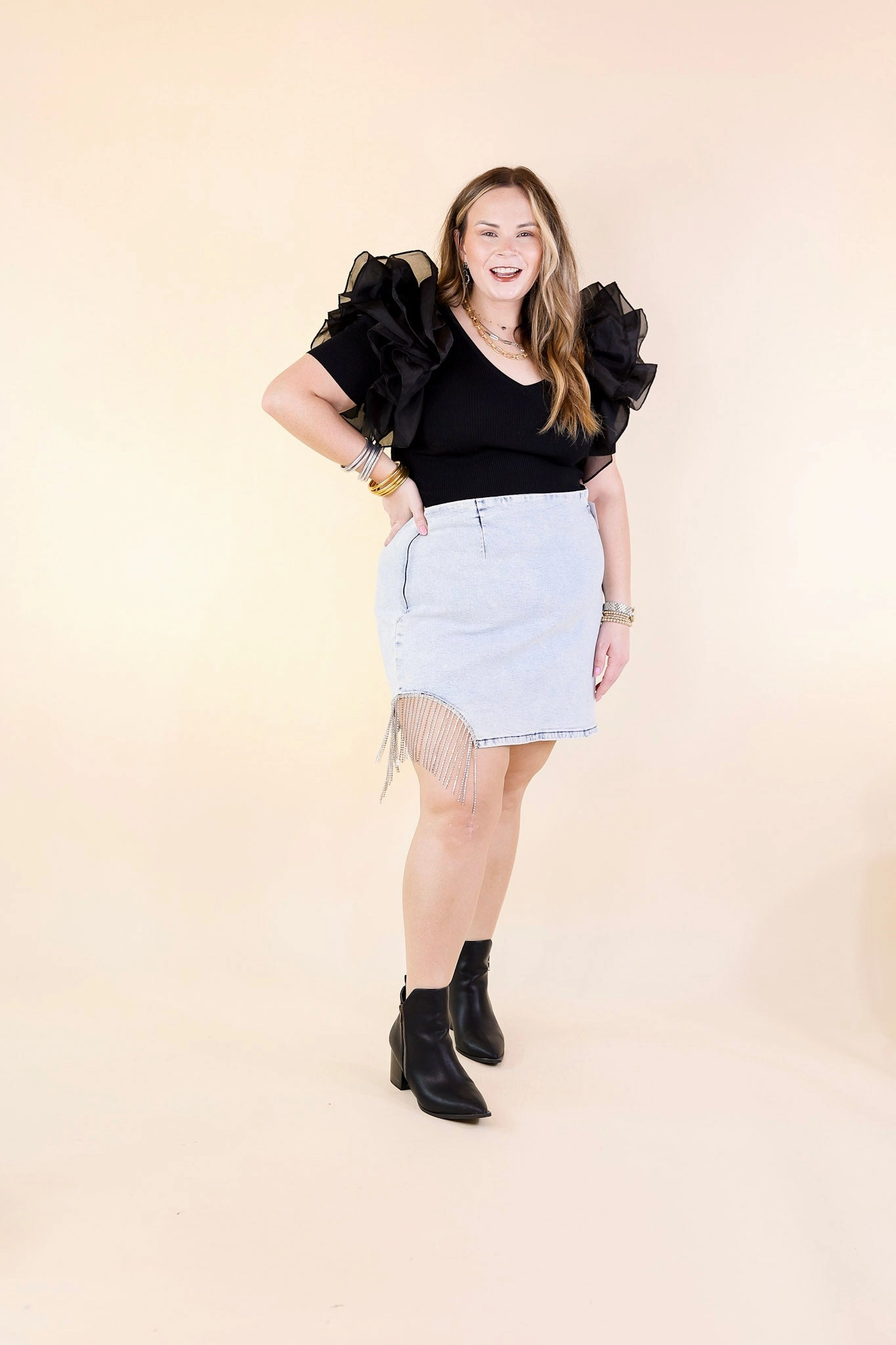 Modern Sneakers NonRestrictiveCut Grandest Moments Denim Mini Skirt with Crystal Fringe in Light Wash