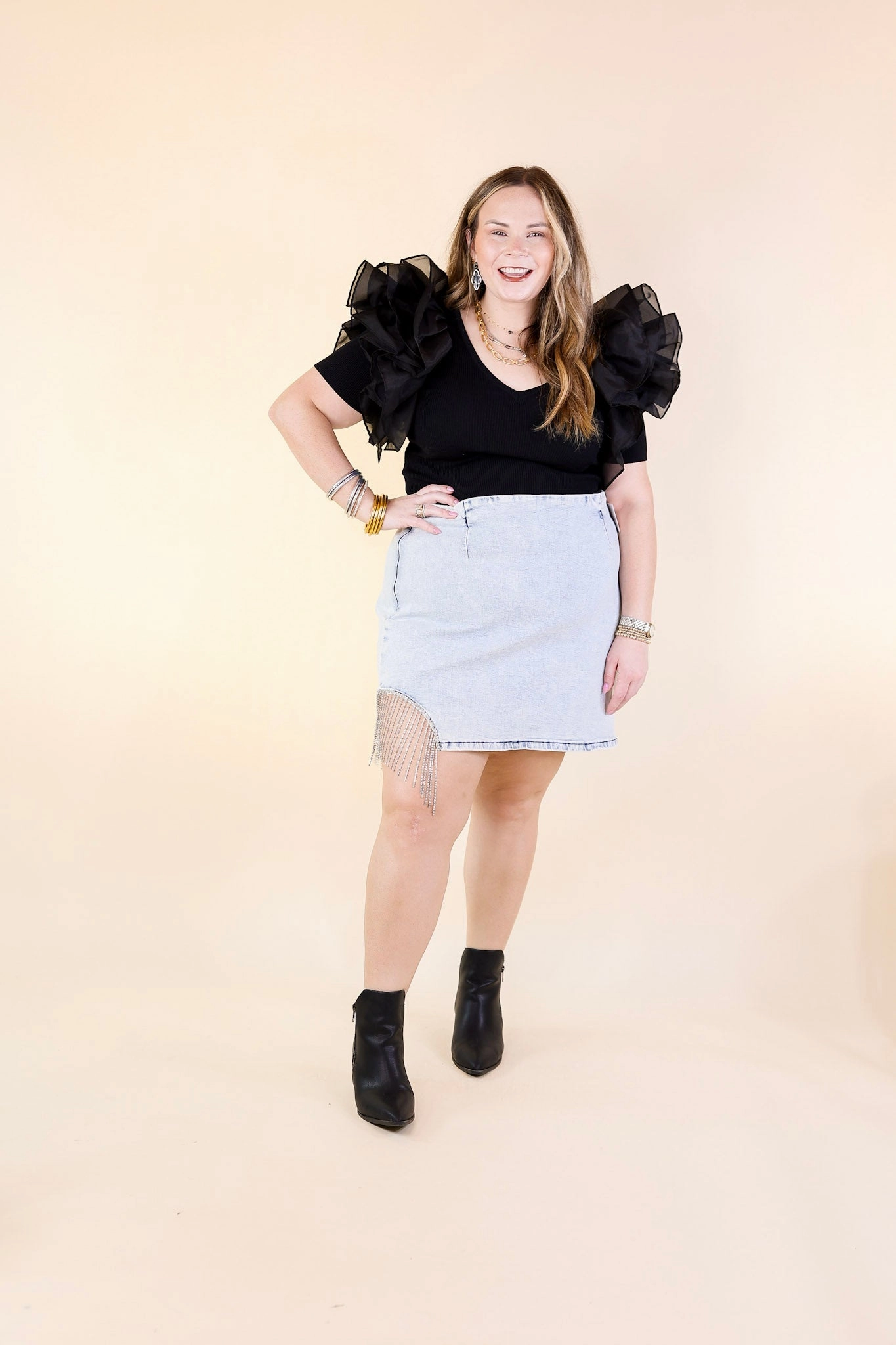 Soft Socks Outdoor Footwear Grandest Moments Denim Mini Skirt with Crystal Fringe in Light Wash