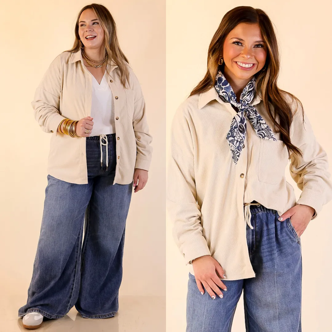 Captivating Cuteness Corduroy Button Up Shacket in Cream HygienicCoating