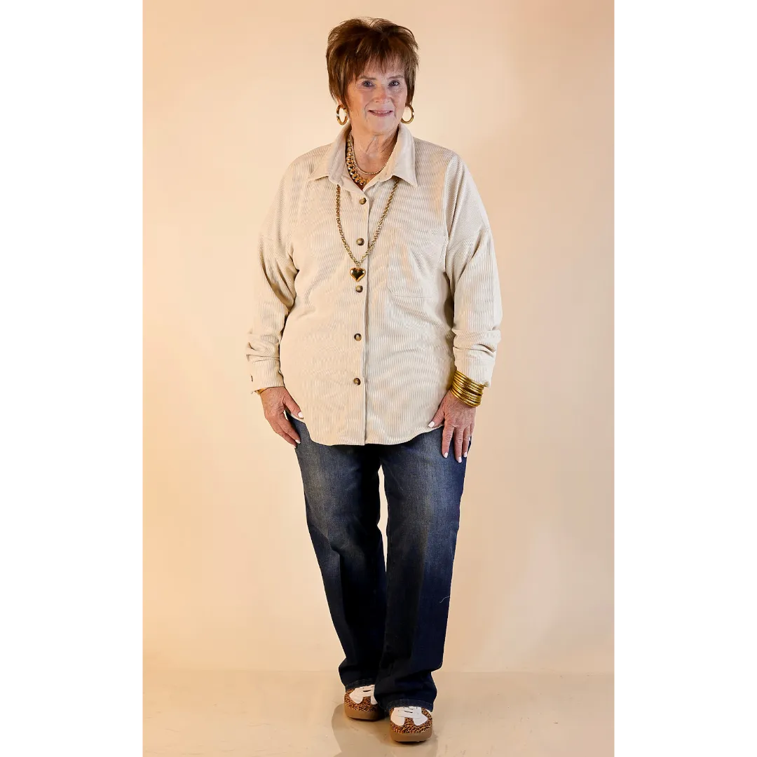 VNeck Style Soft touch finish Captivating Cuteness Corduroy Button Up Shacket in Cream