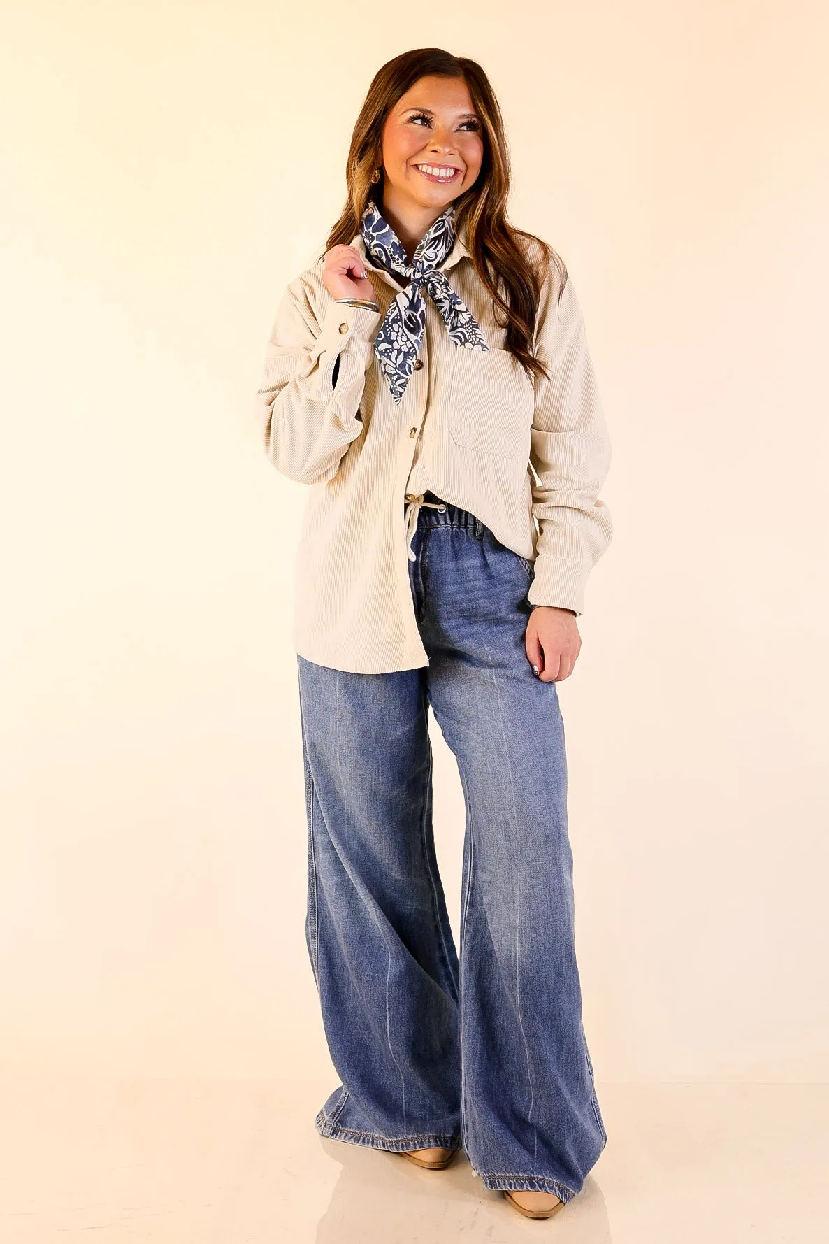 Double Layered Hem Reinforcement Reflective Accent Stripes Captivating Cuteness Corduroy Button Up Shacket in Cream