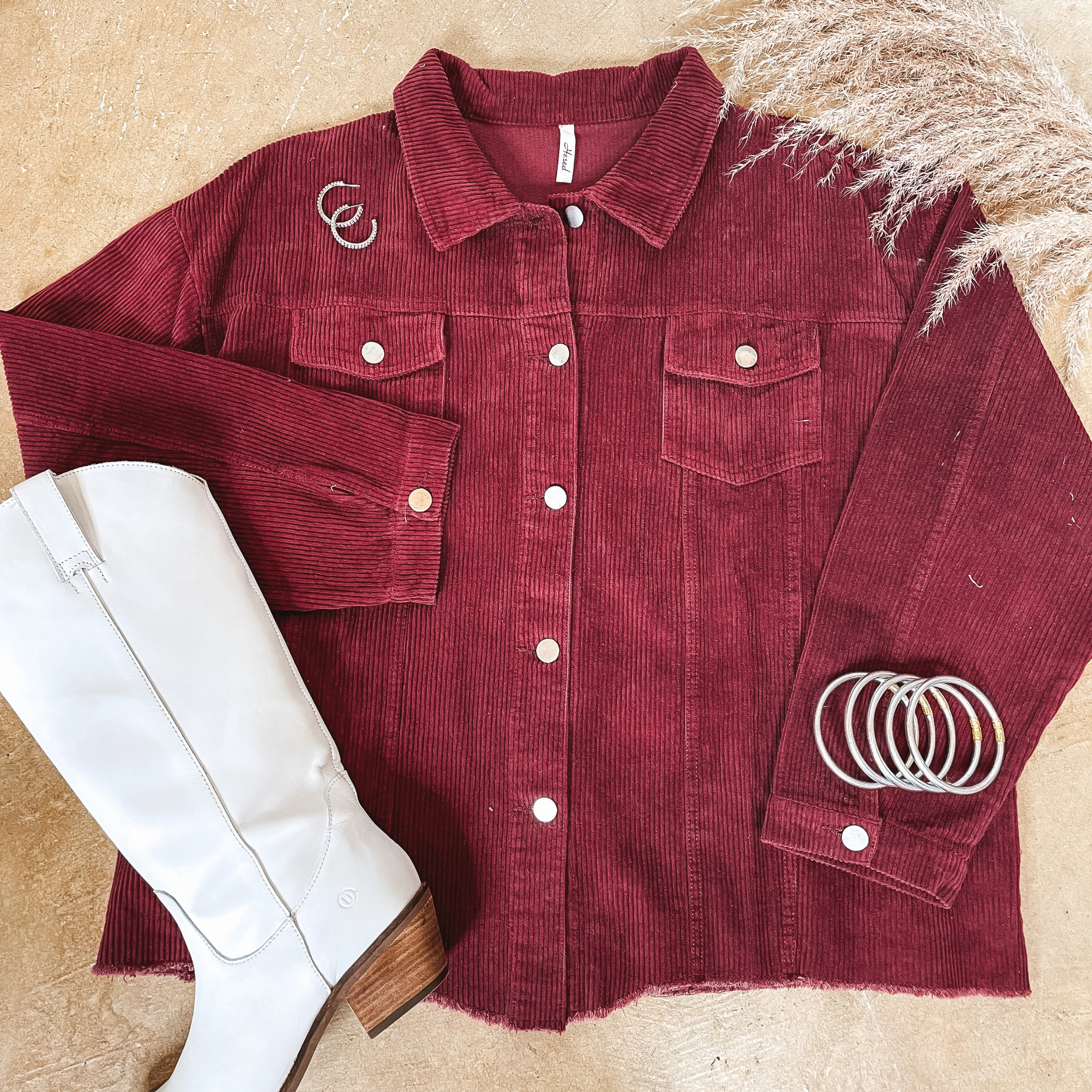 Out For A Drive Button Up Corduroy Shacket in Maroon Energy Ease PreShrunk Cotton