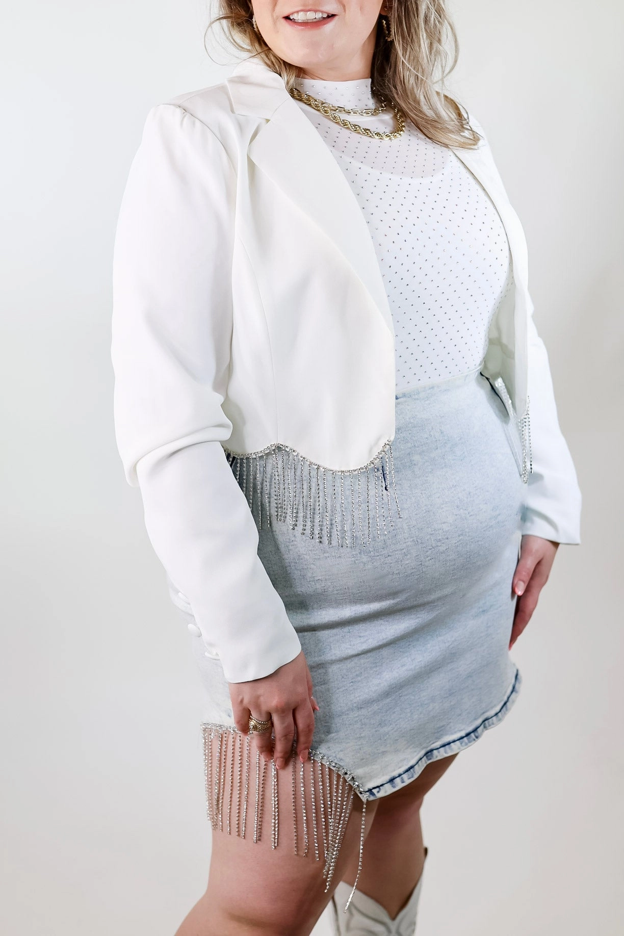 Winter Fashion NonRestrictiveCut Time For Magic Cropped Blazer with Crystal Fringe Trim in White