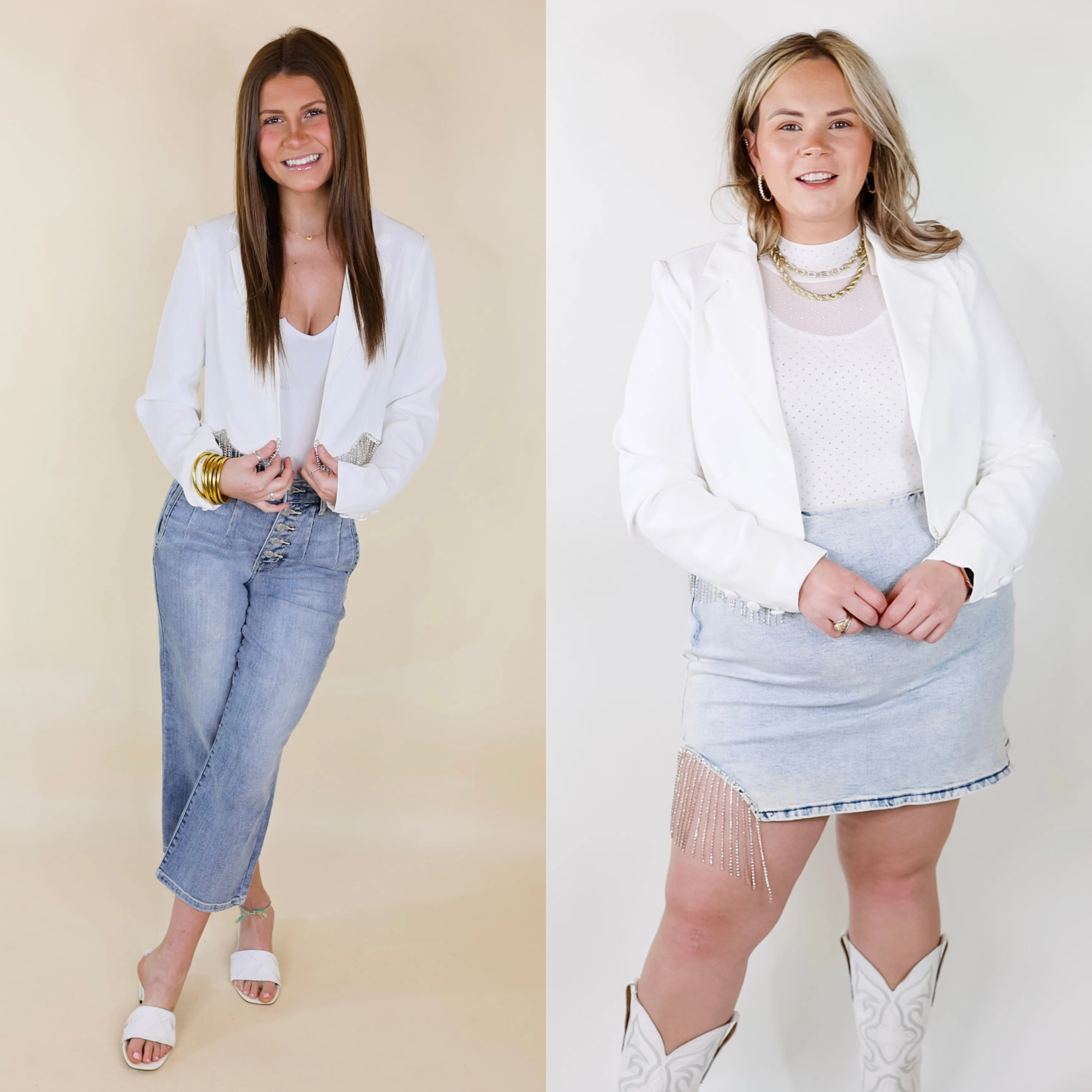 Trendy Sweatpants Time For Magic Cropped Blazer with Crystal Fringe Trim in White