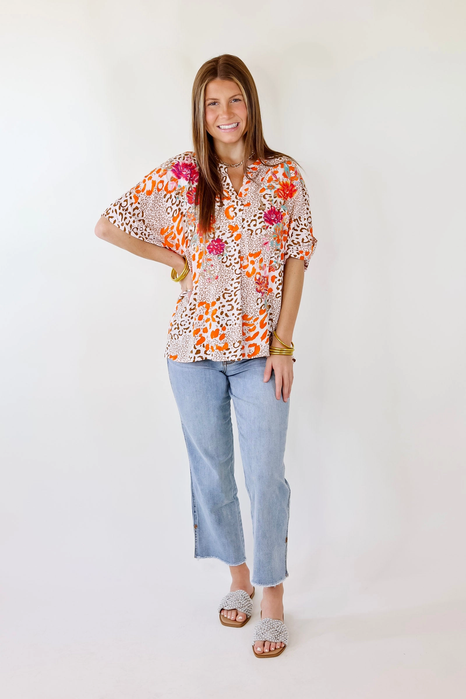 Cool Hooded Jacket Cozy Sweatshirt By Chance Leopard Print Top Short Sleeve Top with Floral Embroidery in Ivory