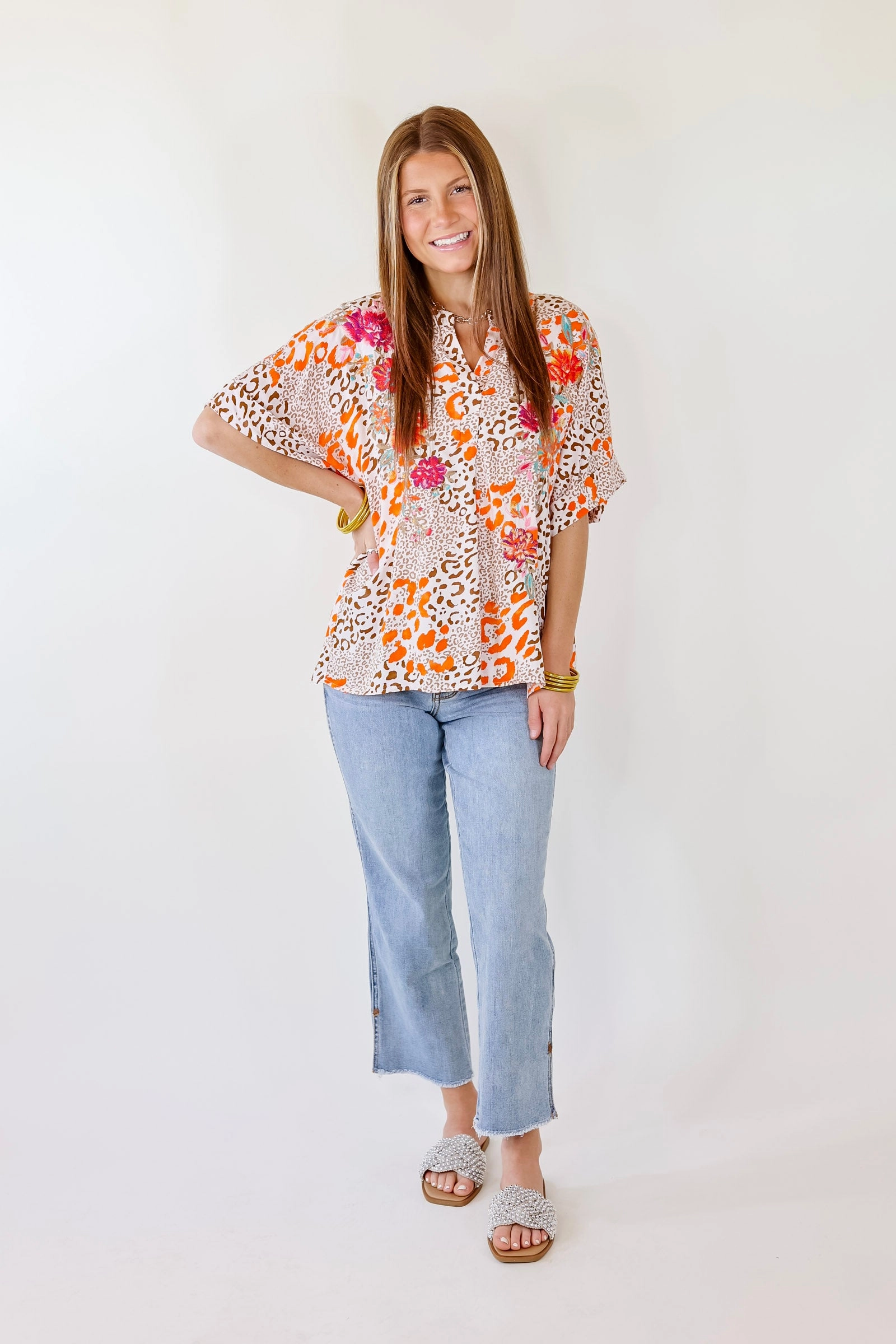 ThermalRegulating Layer By Chance Leopard Print Top Short Sleeve Top with Floral Embroidery in Ivory