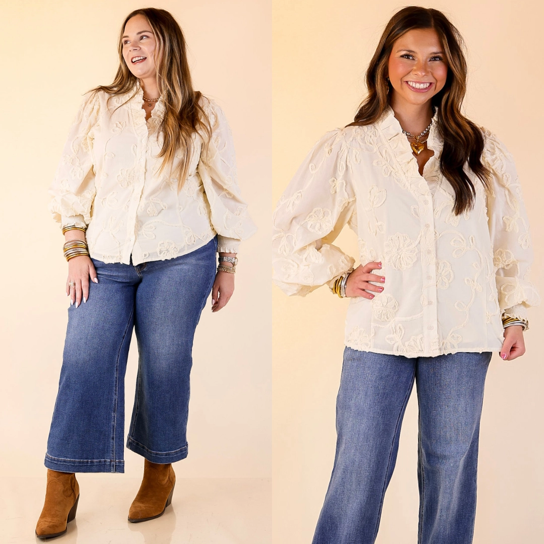 Timeless Romance Ruffled V Neck Floral Applique Embroidered Top in Cream Ribbed Hemline Formal top