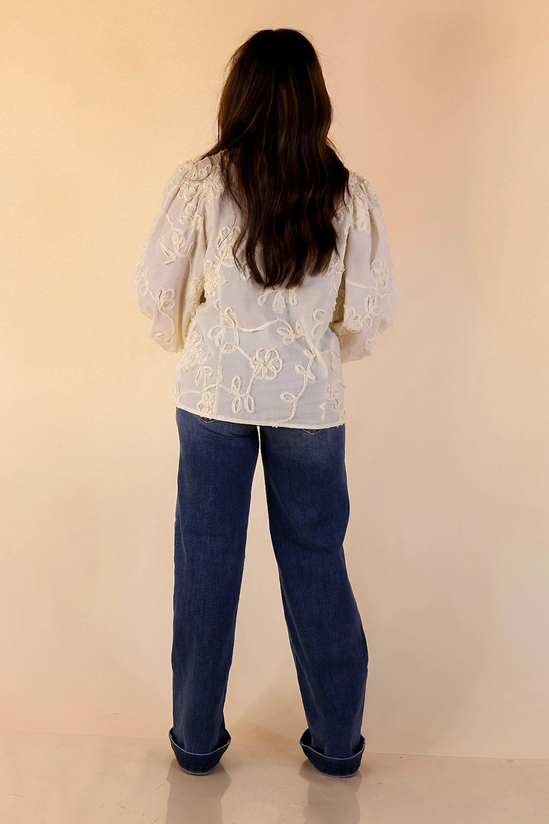 Resort Wear Youthful Style Timeless Romance Ruffled V Neck Floral Applique Embroidered Top in Cream