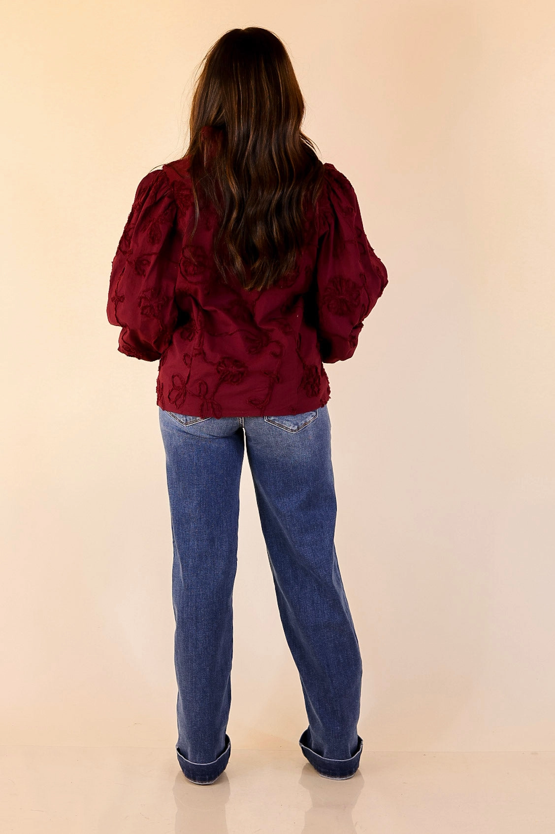 Versatile Layering Piece Unique Design Timeless Romance Ruffled V Neck Floral Applique Embroidered Top in Maroon