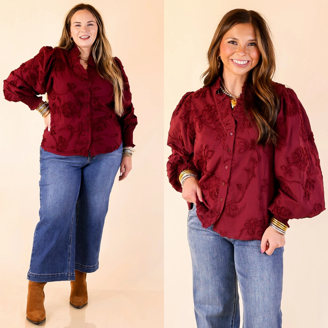EcoDyeProcess HypoallergenicFabric Timeless Romance Ruffled V Neck Floral Applique Embroidered Top in Maroon