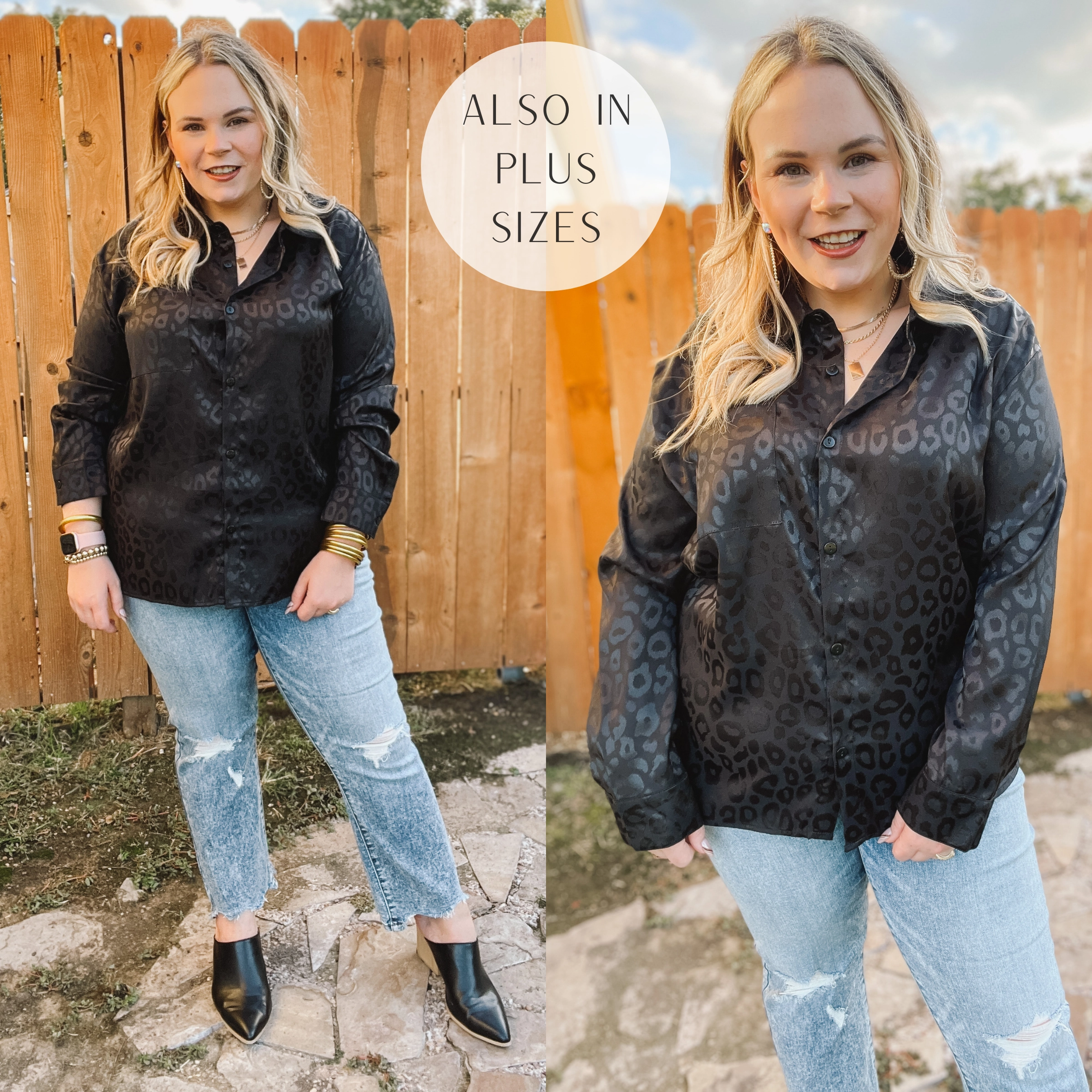 Morning Walk Top It Off Long Sleeve Button Up Satin Leopard Top in Black