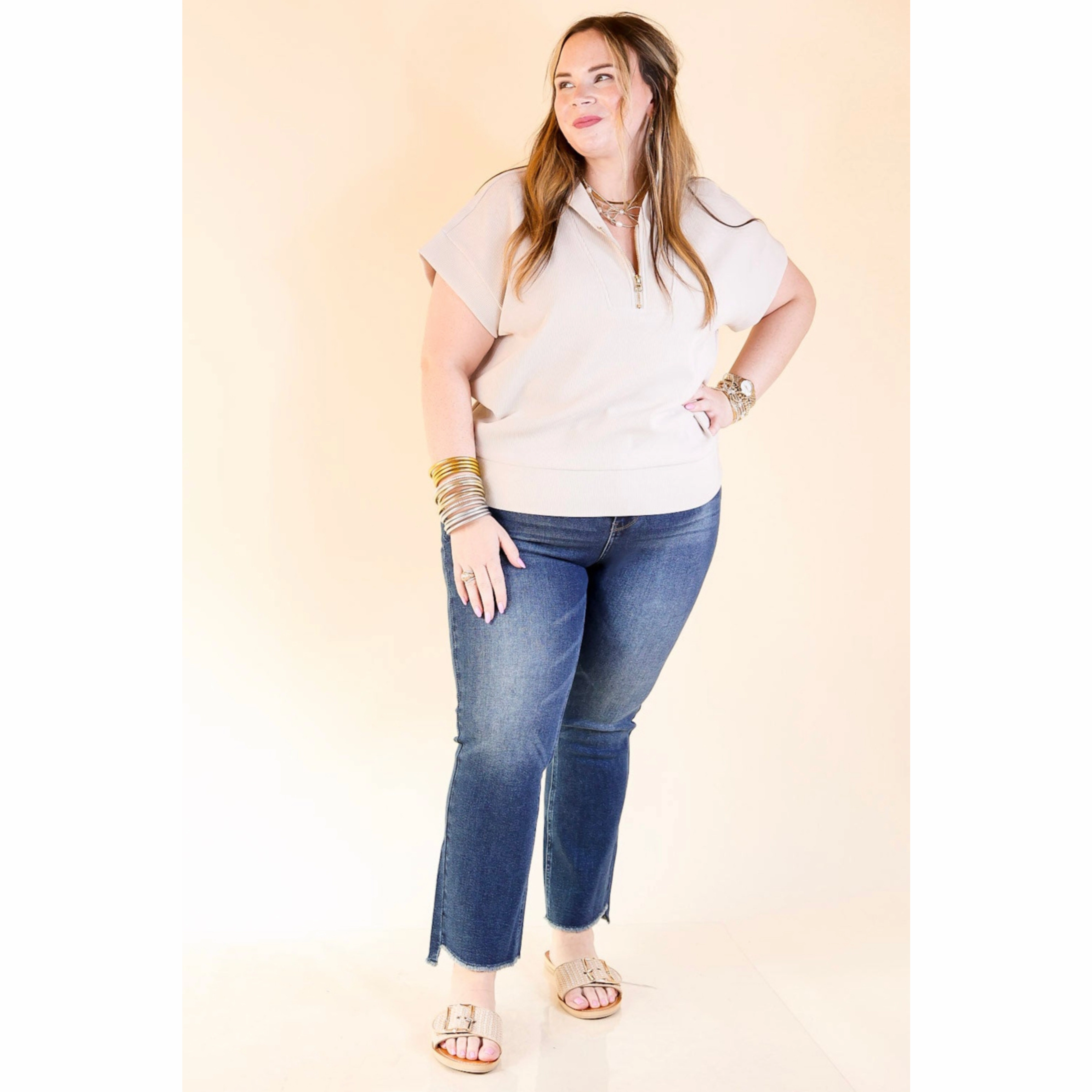 Top Priority Half Zip Collared Ribbed Top in Sand Beige Adjustable Waistbands