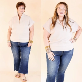 Luxury Feel Timeless Appeal Top Priority Half Zip Collared Ribbed Top in Sand Beige