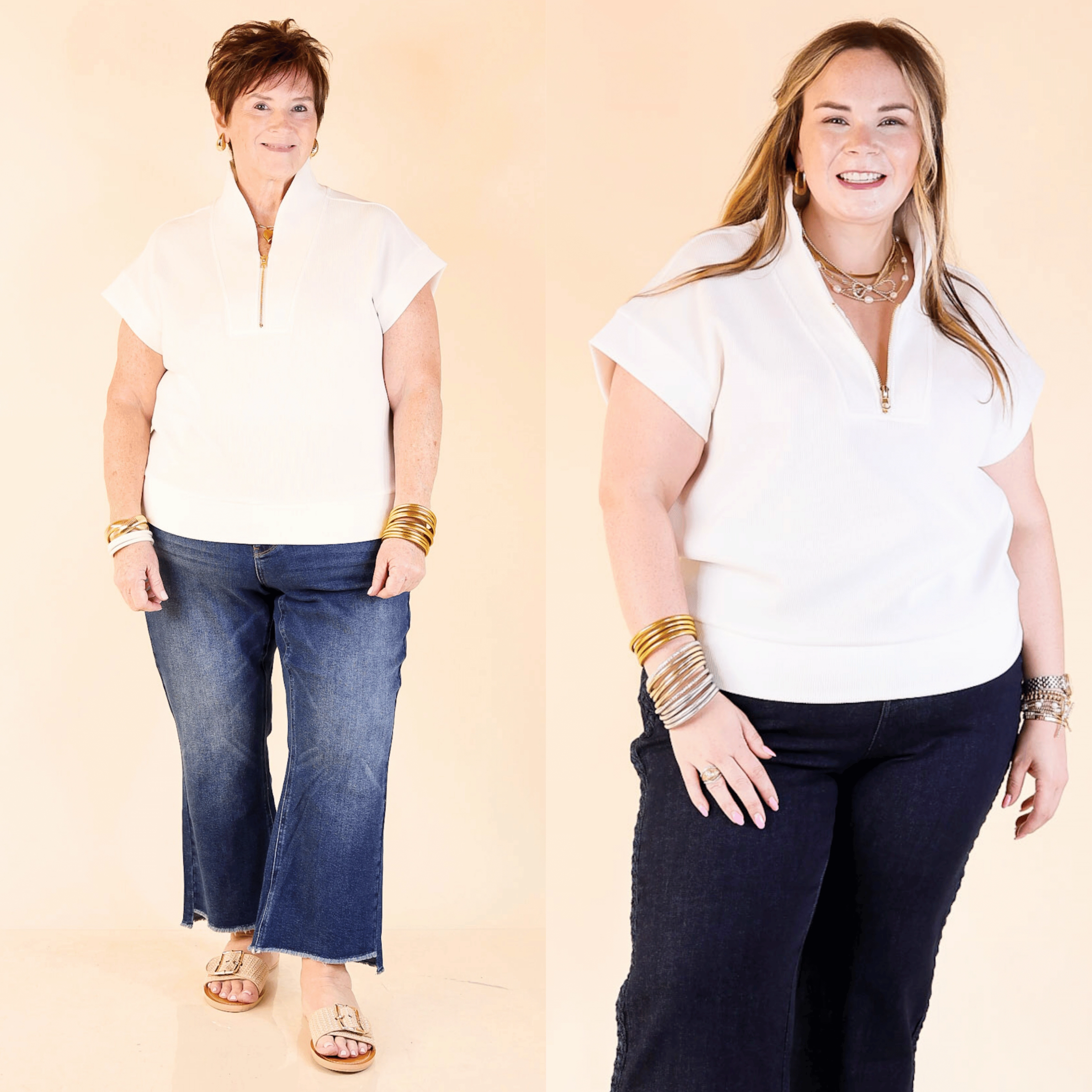 Top Priority Half Zip Collared Ribbed Top in White All day wearability