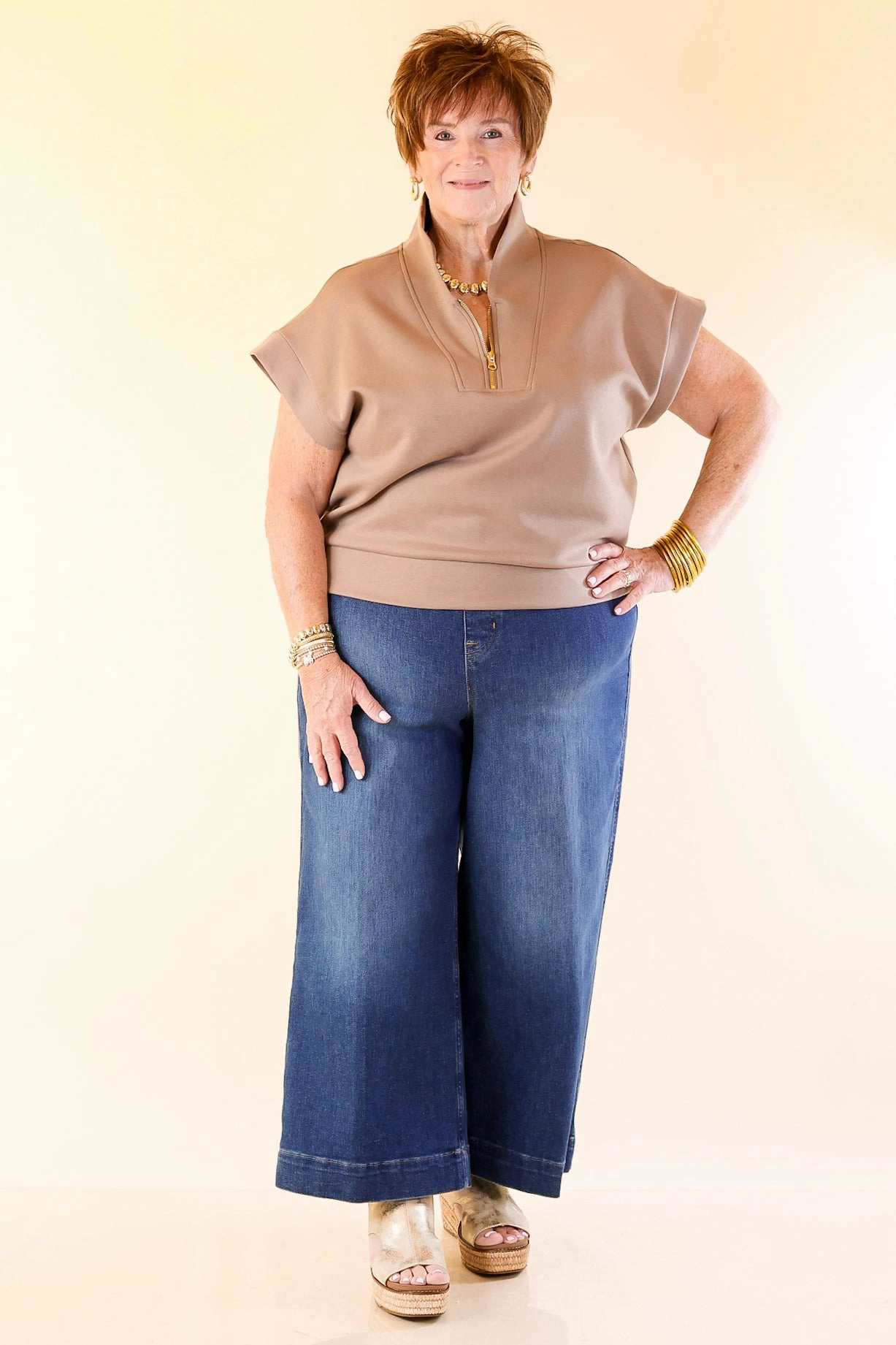 Top Priority Half Zip Collared Scuba Top in Light Taupe Personalized Touch Easy Care