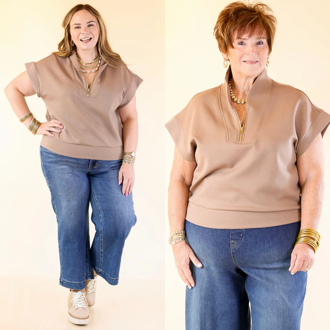 Top Priority Half Zip Collared Scuba Top in Light Taupe Bamboo Fiber Blend