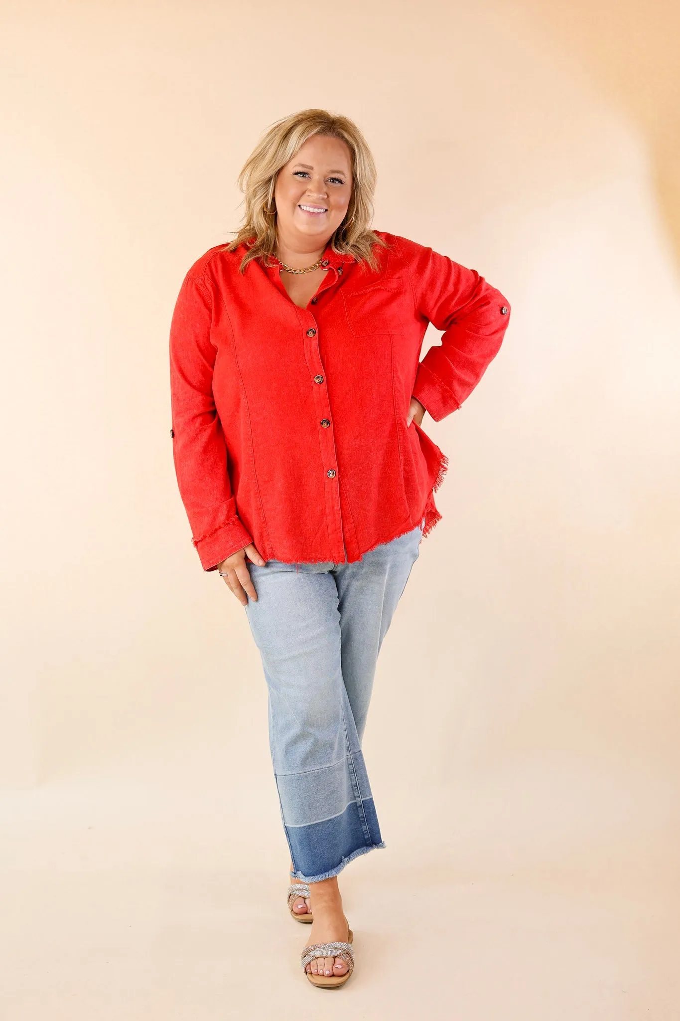 Classic Comfort Long Sleeve Linen Button Up in Cherry Red Athletic Apparel