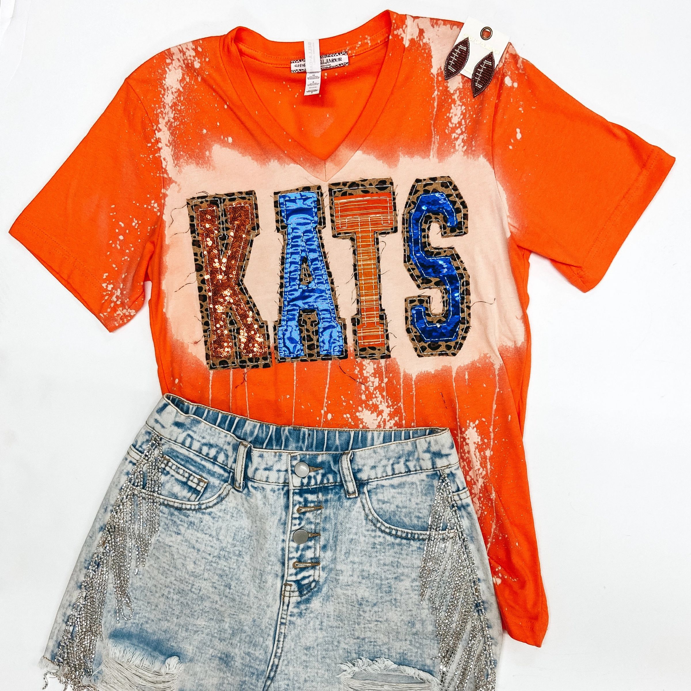 Bearkat Game Day | Kats Mix Print Patch Tee with Bleach Distressing in Orange VentilatedKnit