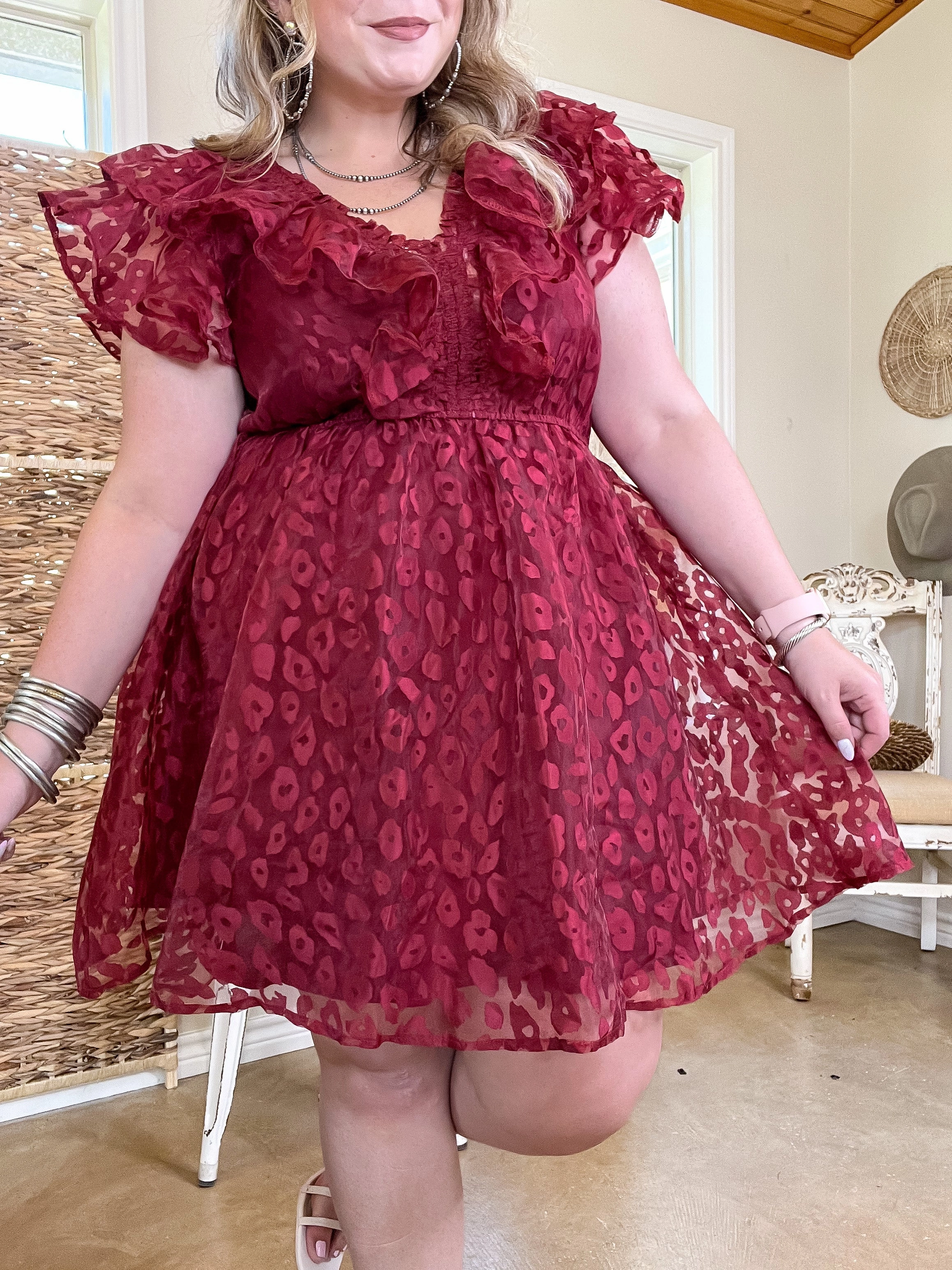 Air Move Last Chance Size Large | Welcome To Hollywood Sheer Leopard Print Dress with Ruffle Detail in Maroon
