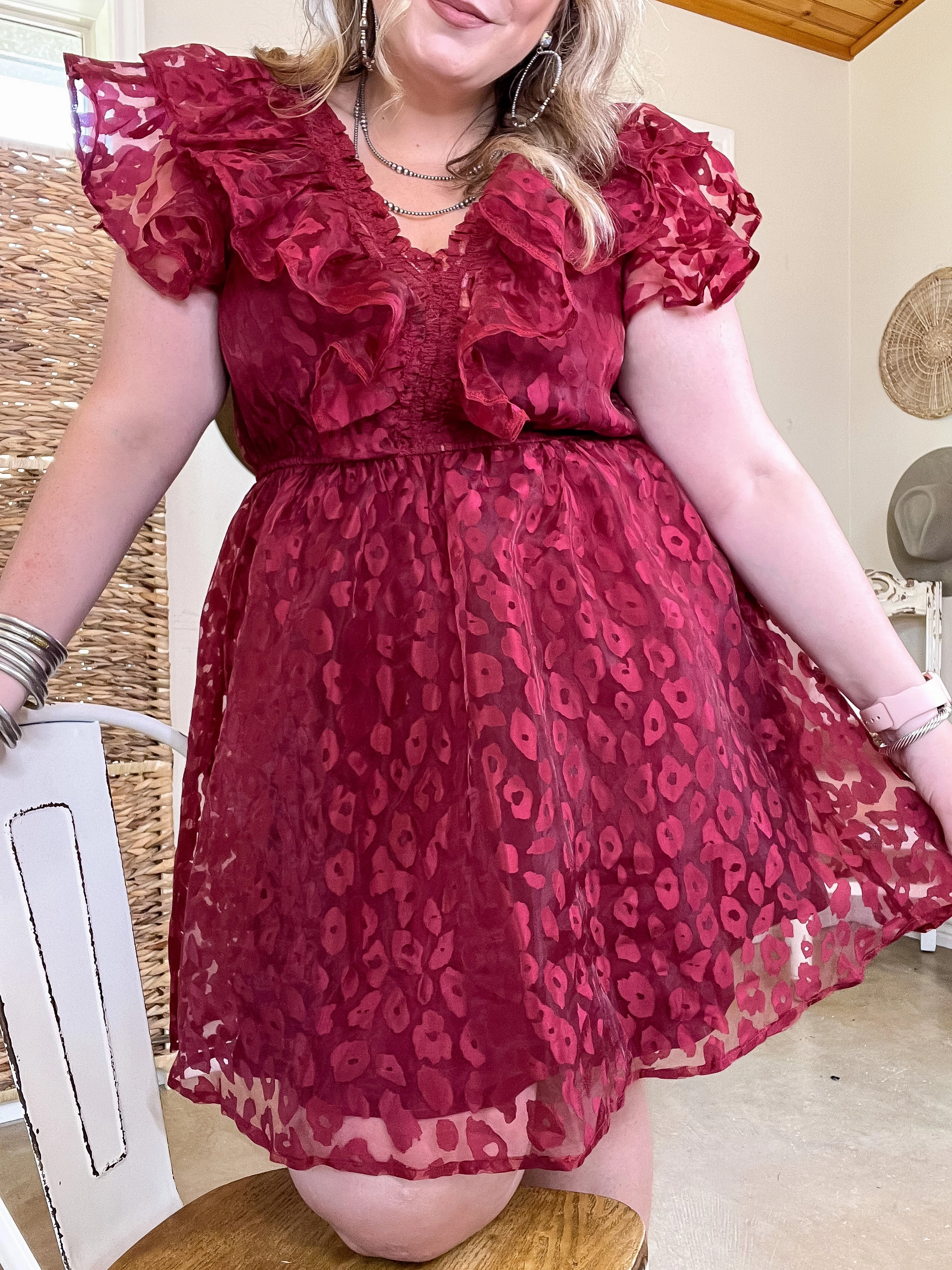 Last Chance Size Large | Welcome To Hollywood Sheer Leopard Print Dress with Ruffle Detail in Maroon Elegant Coat