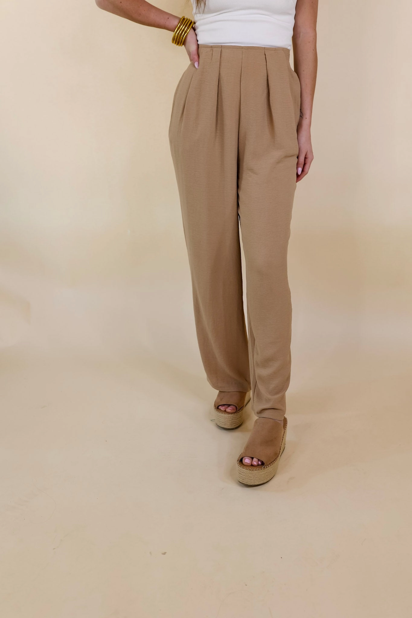 CompressionKnit Trading Favors Pleated Detail Pants in Light Tan