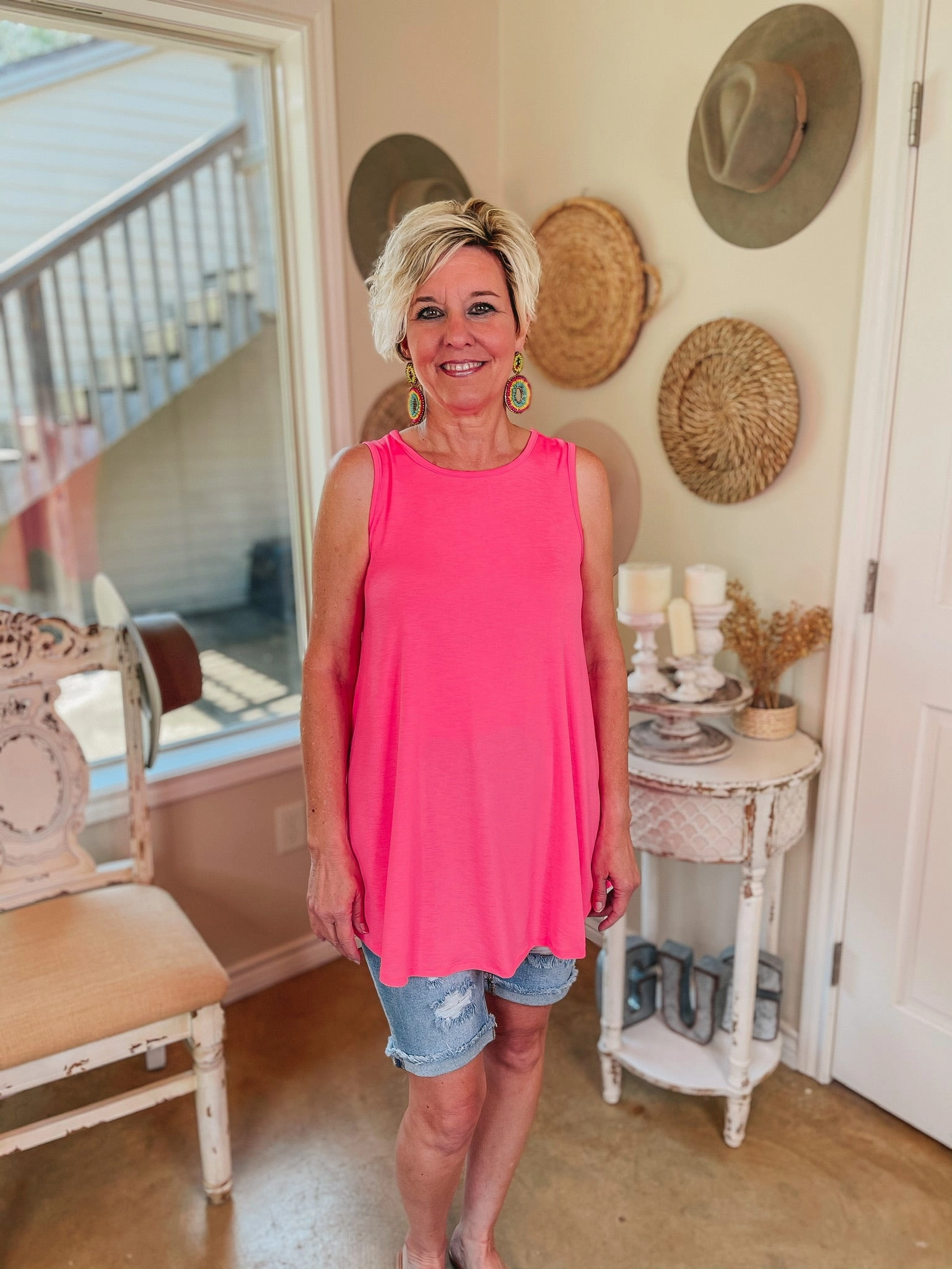 Leader Core DurableThreadwork Give Me Joy Solid Bulgari A-Line Tank Top in Neon Pink