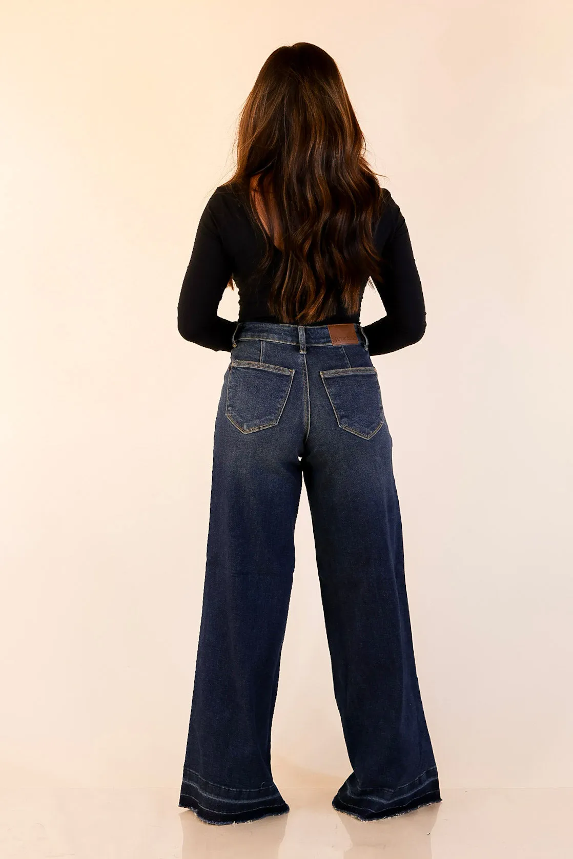 Judy Blue | Statement Maker Wide Leg Palazzo Jeans with Raw Hem and Front Patches in Dark Wash Warm Knit
