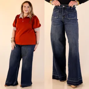 Judy Blue | Statement Maker Wide Leg Palazzo Jeans with Raw Hem and Front Patches in Dark Wash MicroPerforatedTexture Lightweight Feel