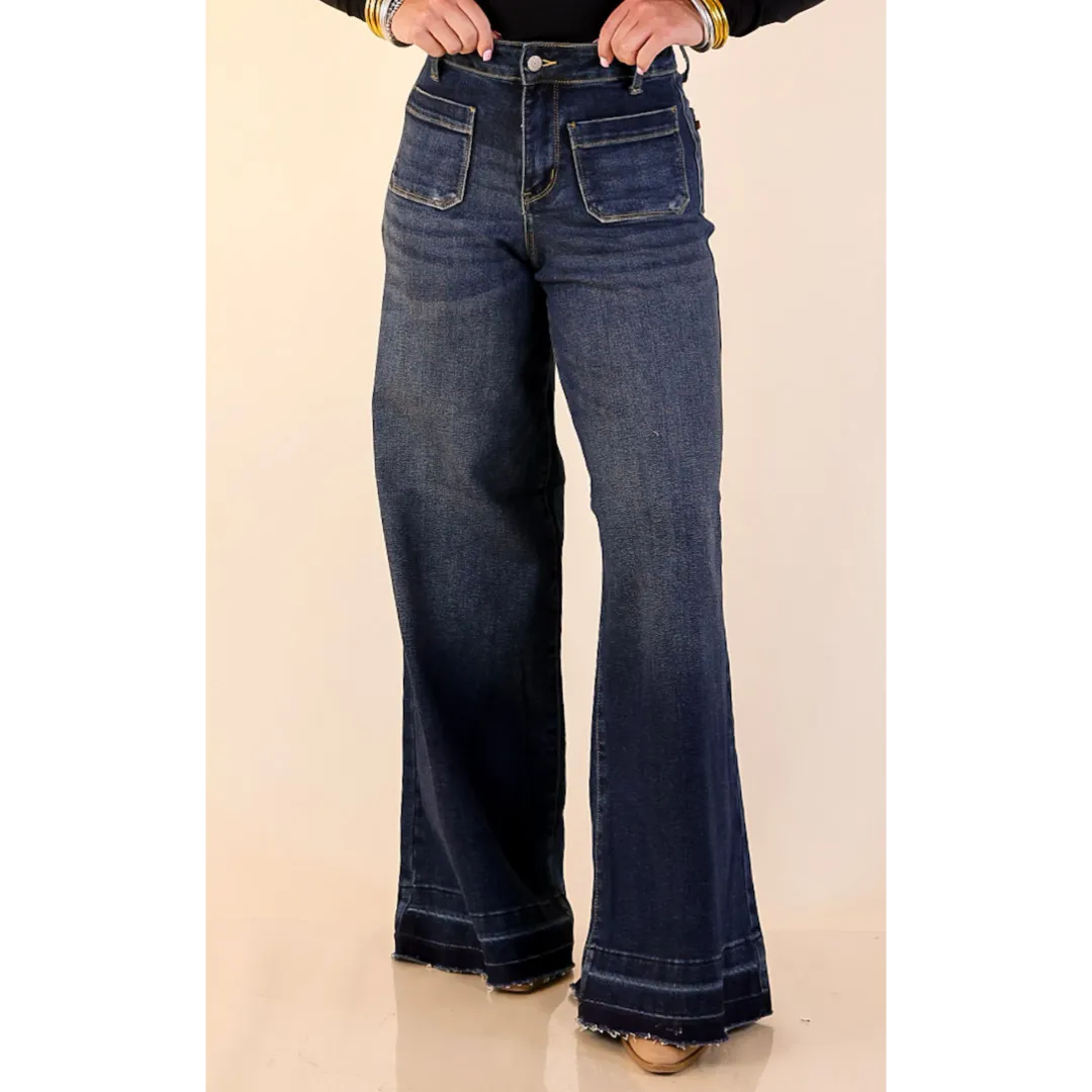 Scandi Clean Judy Blue | Statement Maker Wide Leg Palazzo Jeans with Raw Hem and Front Patches in Dark Wash