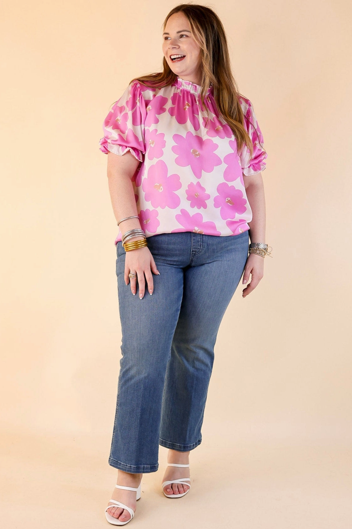 Divine Design Floral Blouse With Puffed Sleeve and Ruffle Neckline in Cream White Odor control