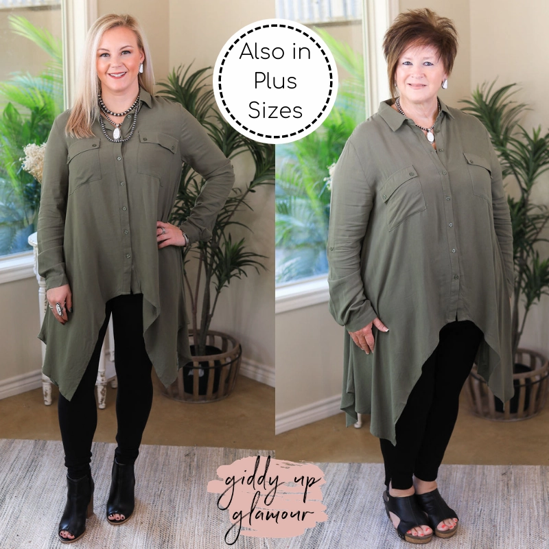 Plane Mood Last Chance Size S & M | Right Impression Linen Button Up Handkerchief Tunic in Olive Green