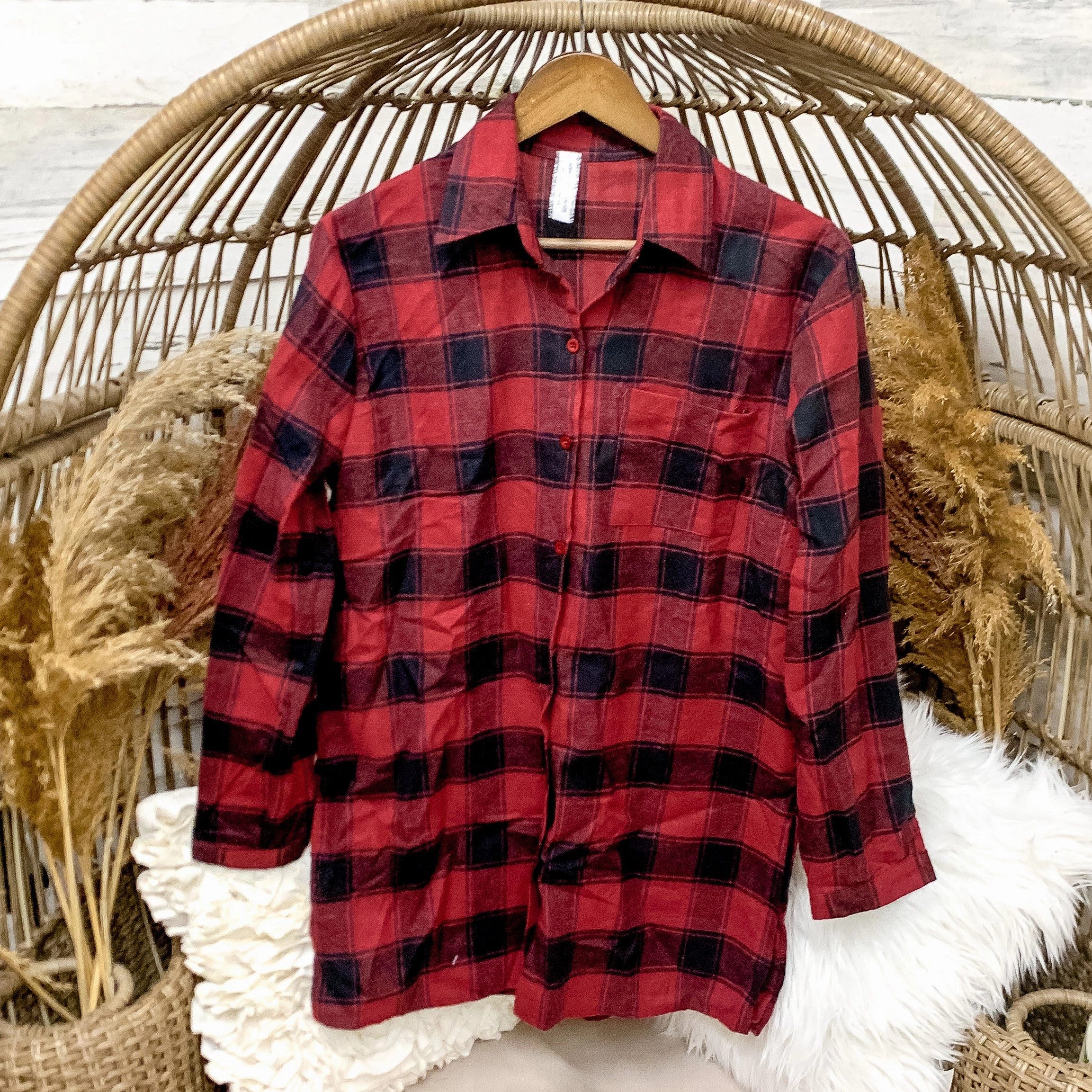 Last Chance Size S & M | Red and Black Button Up Flannel with White Cross Design Hotel Style Crystal Soul