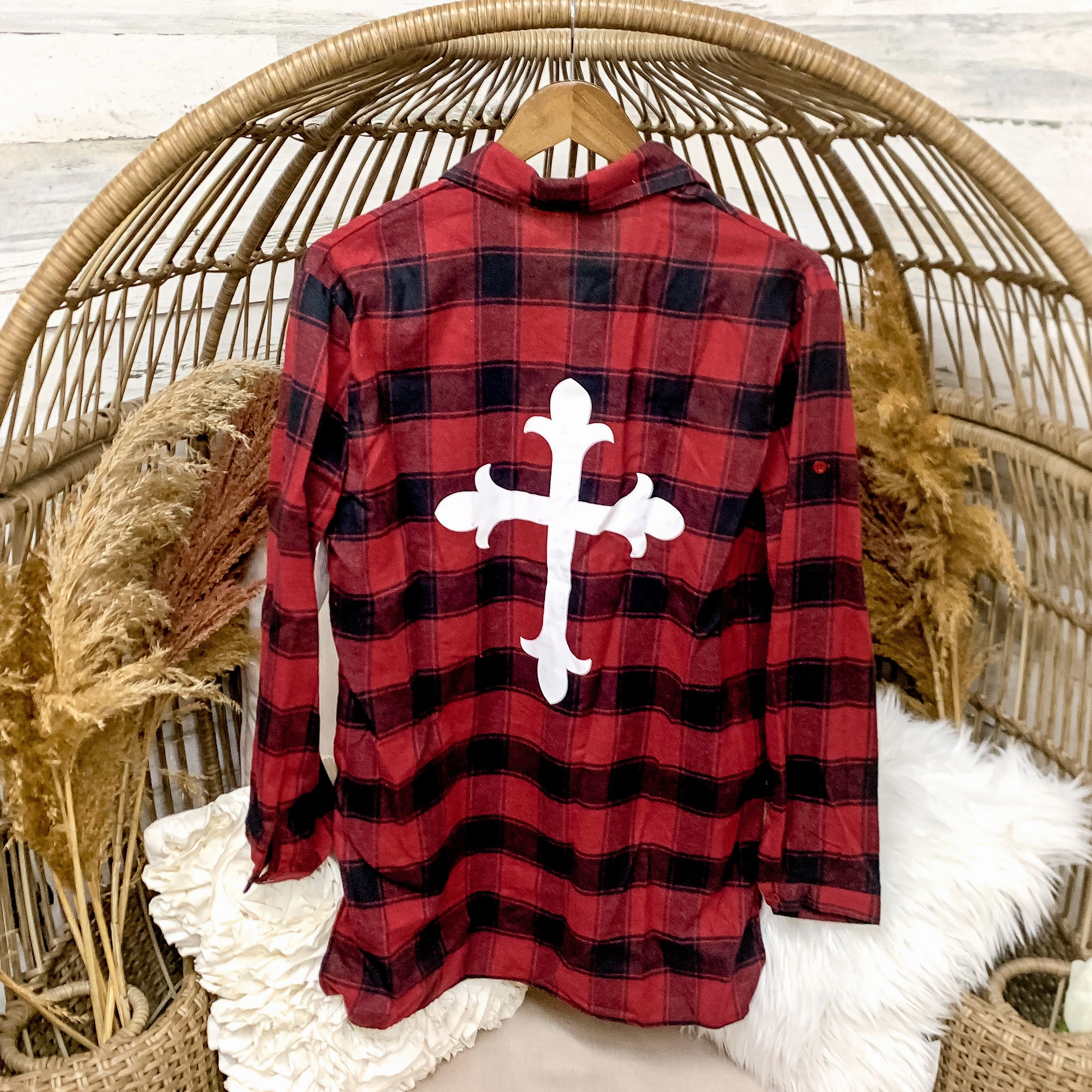 Adjustable Straps Last Chance Size S & M | Red and Black Button Up Flannel with White Cross Design