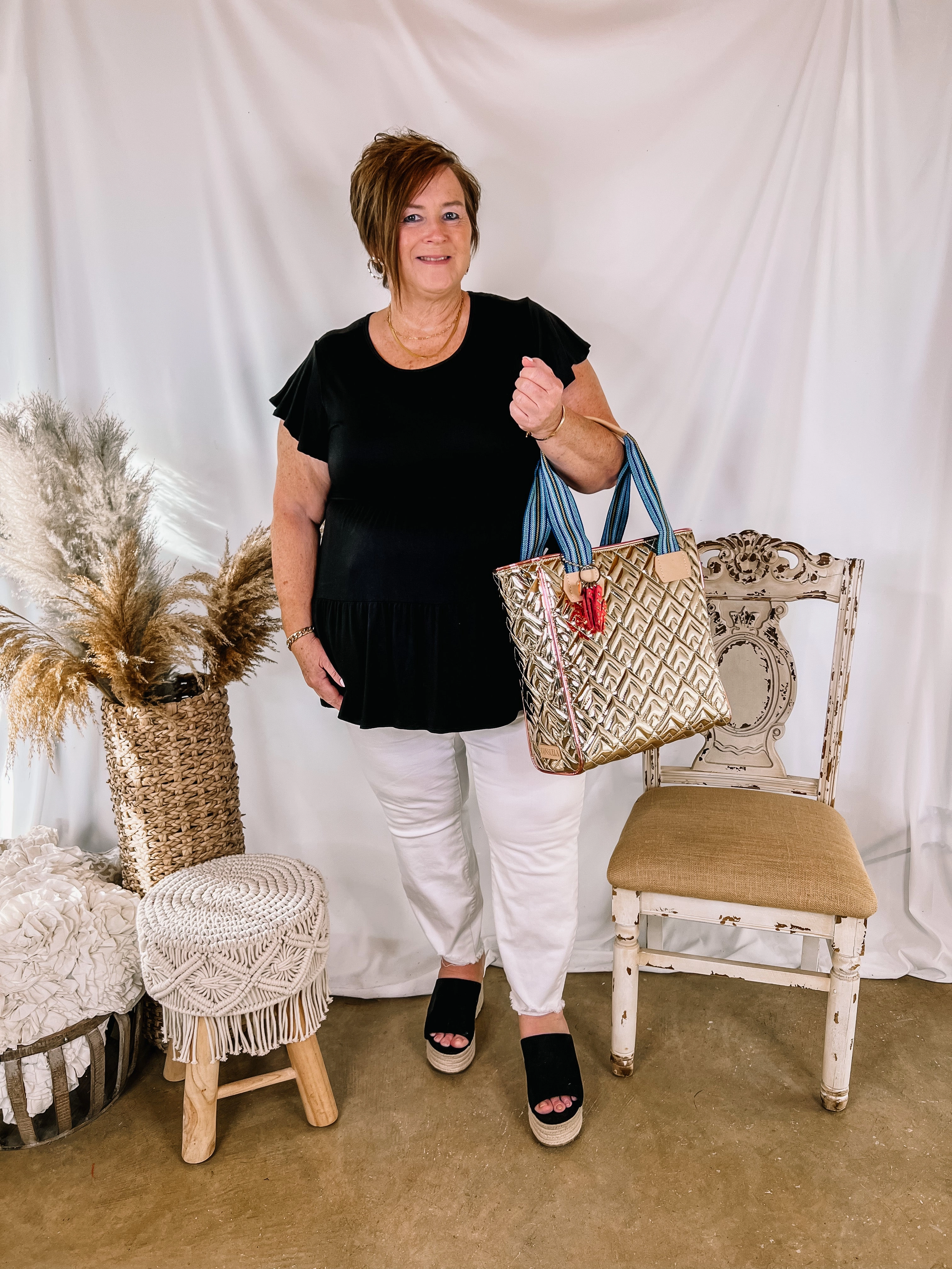 Campus Vibe AdjustableWaistband Treat it Right Three Tiered Babydoll Top with Ruffle Cap Sleeves in Black