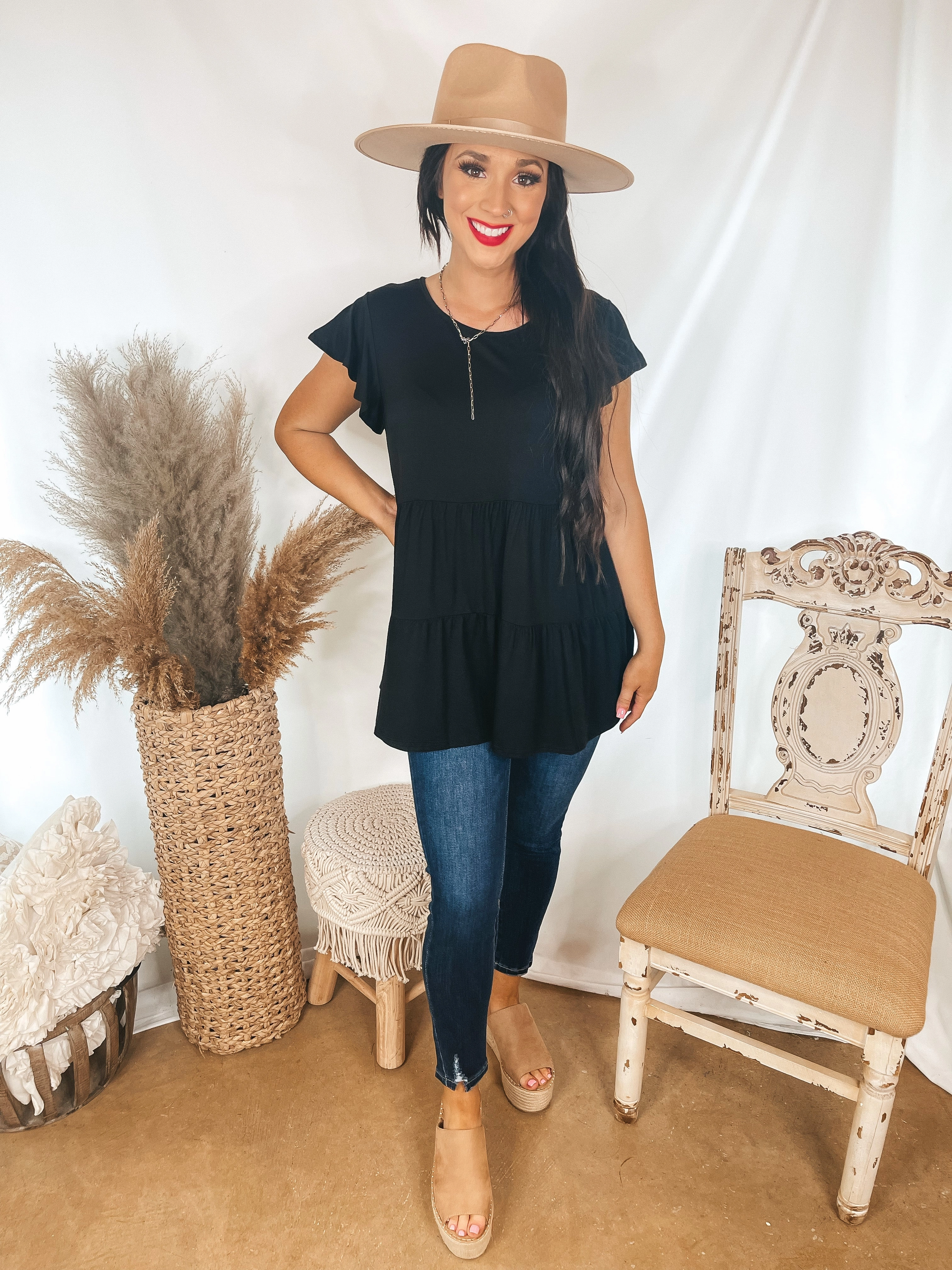 Treat it Right Three Tiered Babydoll Top with Ruffle Cap Sleeves in Black Casual Fashion