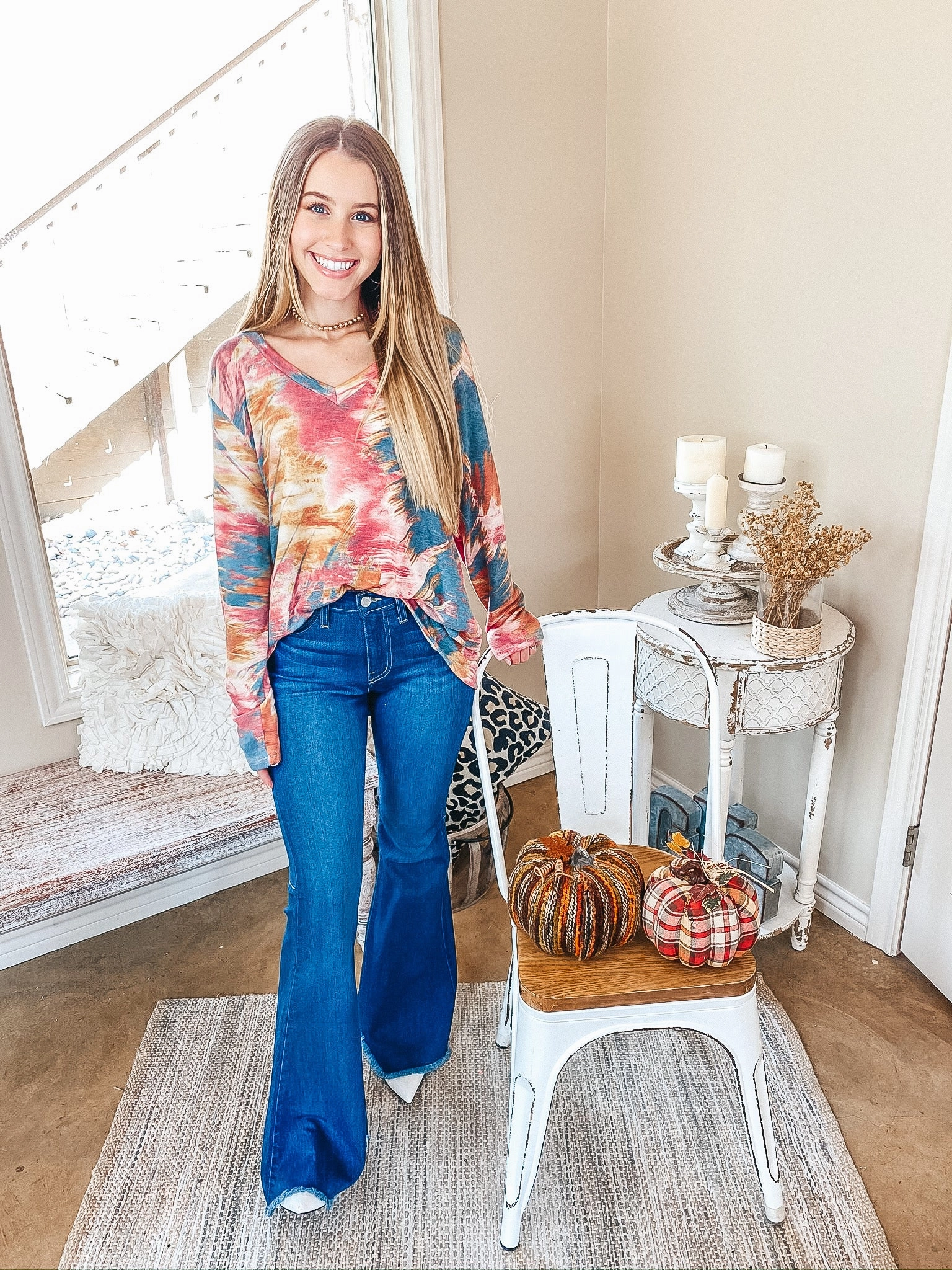 Comfortable Coat Last Chance Size Small | Keep Things Simple Long Sleeve Water Color V Neck Pullover Top in Mauve and Teal