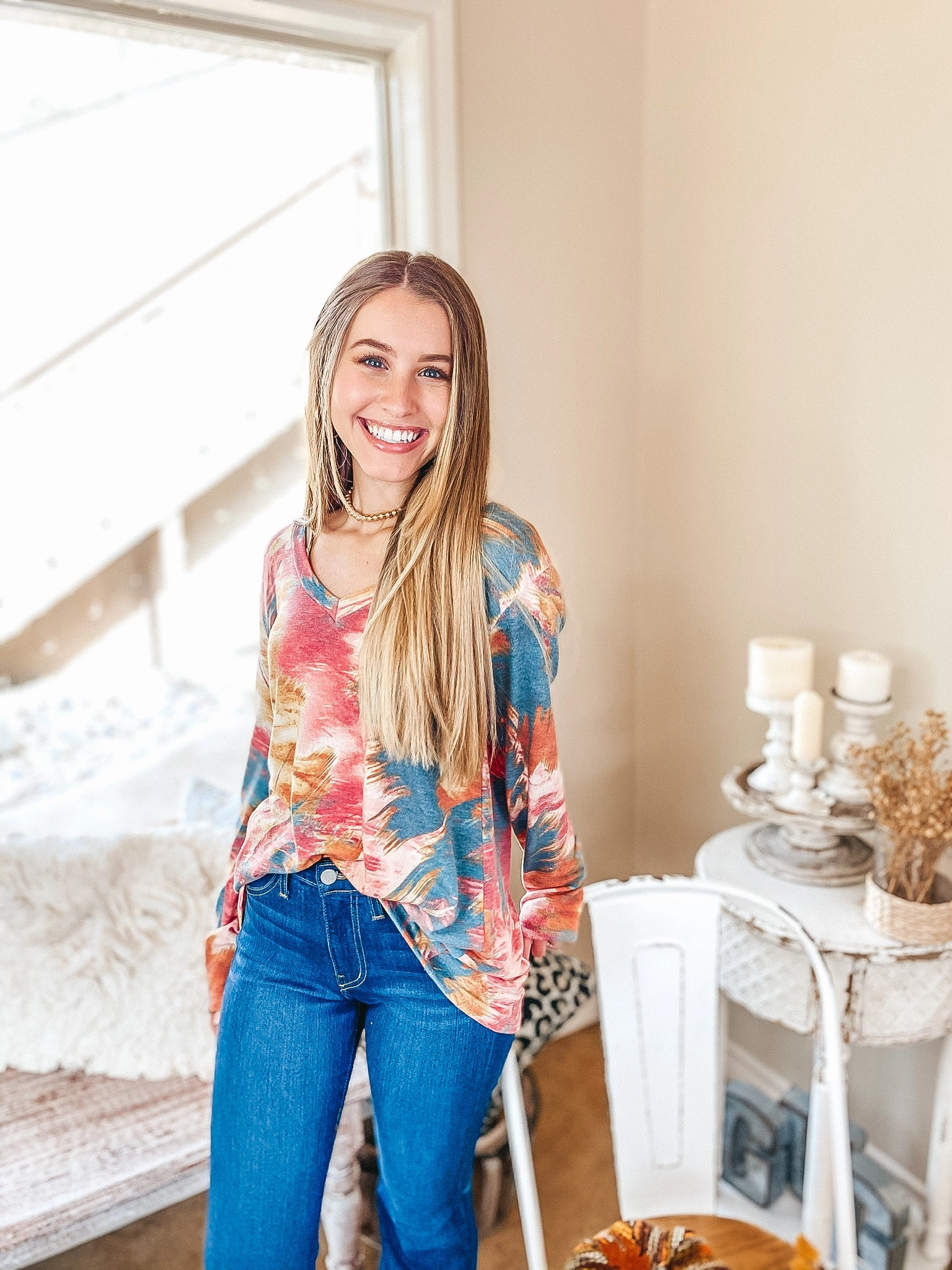 Machine Fit Cozy Pajamas Last Chance Size Small | Keep Things Simple Long Sleeve Water Color V Neck Pullover Top in Mauve and Teal