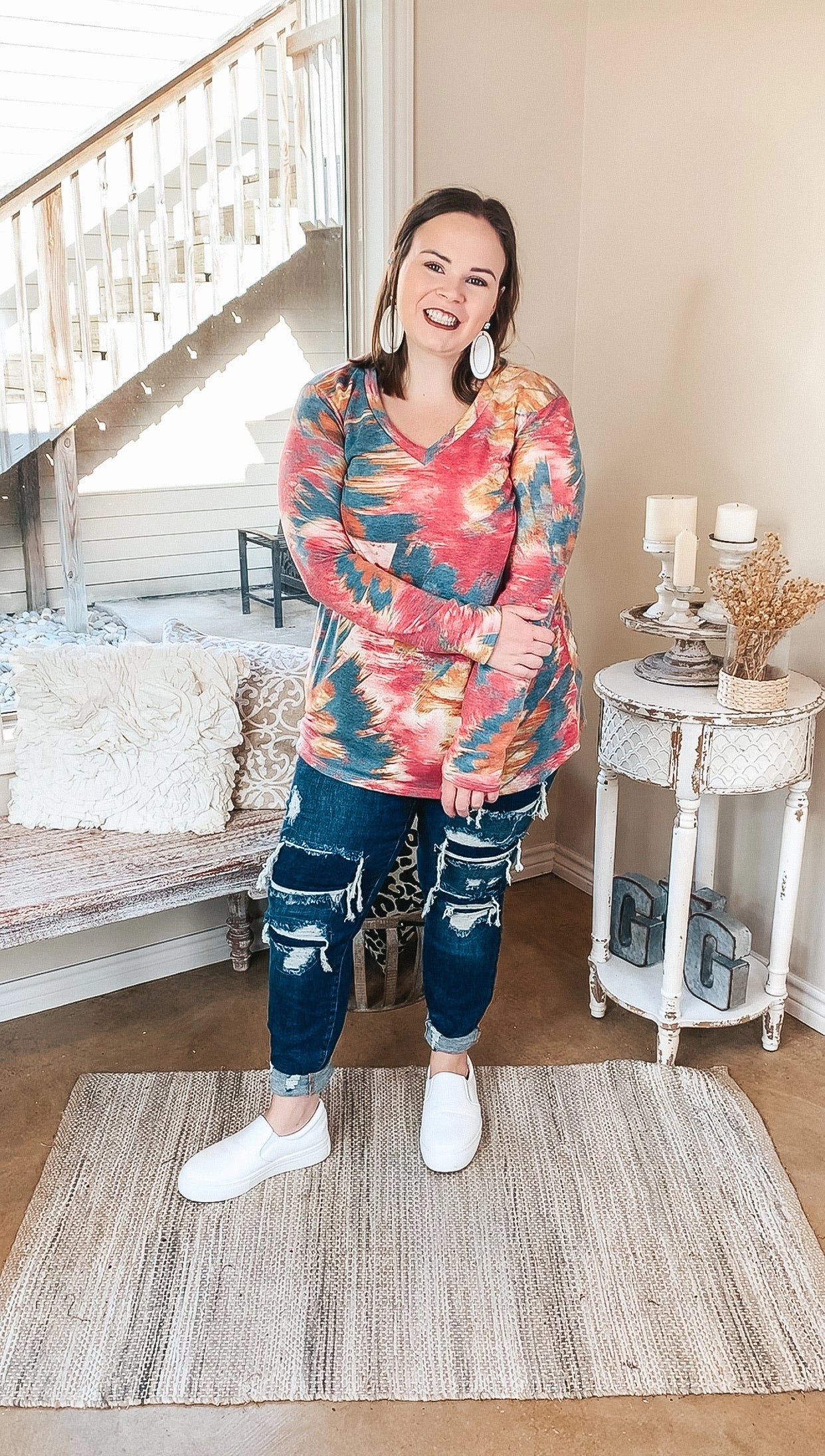 Snow Ready DoubleLayered Structure Last Chance Size Small | Keep Things Simple Long Sleeve Water Color V Neck Pullover Top in Mauve and Teal