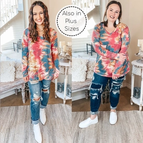 Last Chance Size Small | Keep Things Simple Long Sleeve Water Color V Neck Pullover Top in Mauve and Teal MultiDirectionalFlex Work Safe