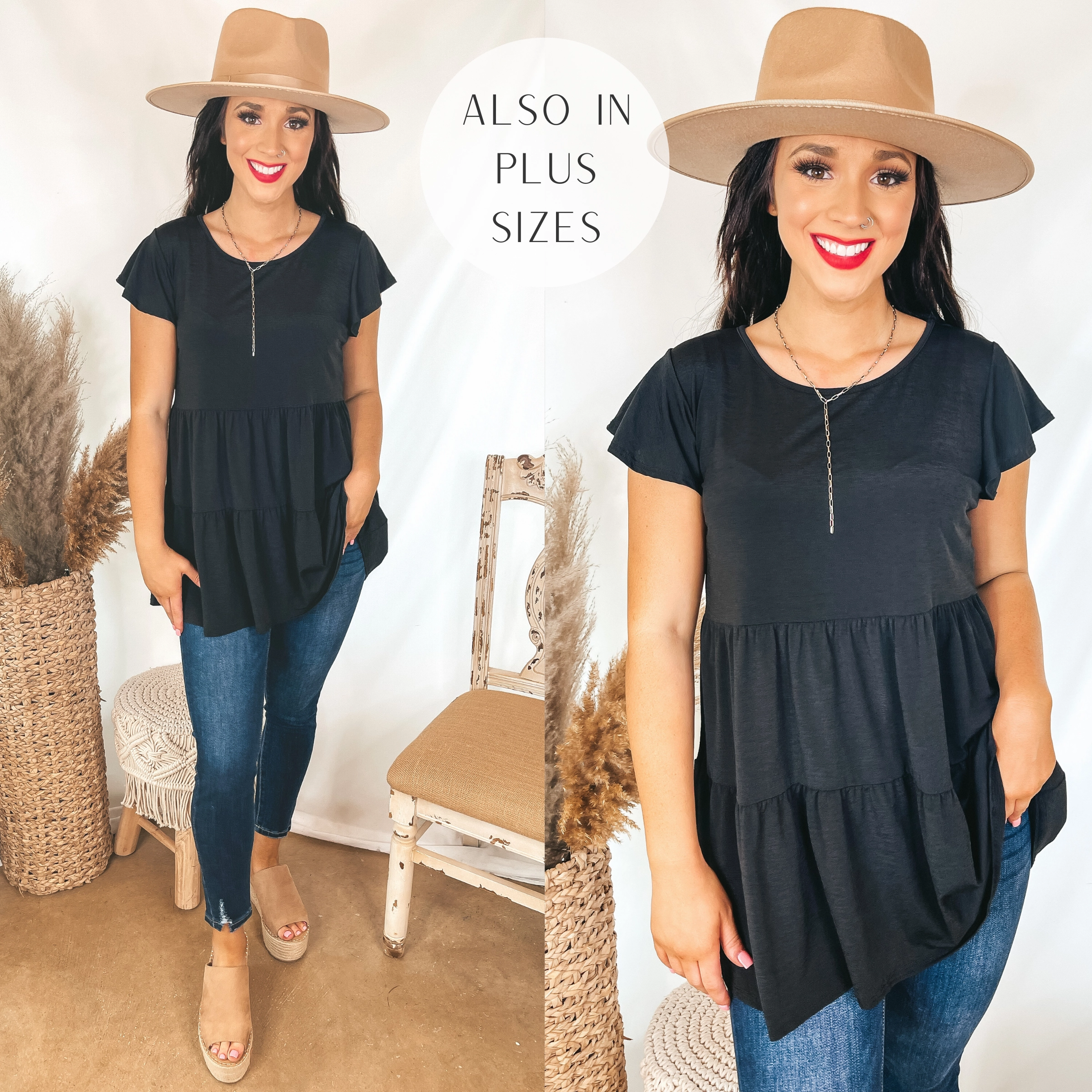 Easy Wear Trendy Top Treat it Right Three Tiered Bulgari Babydoll Top with Ruffle Cap Sleeves in Black