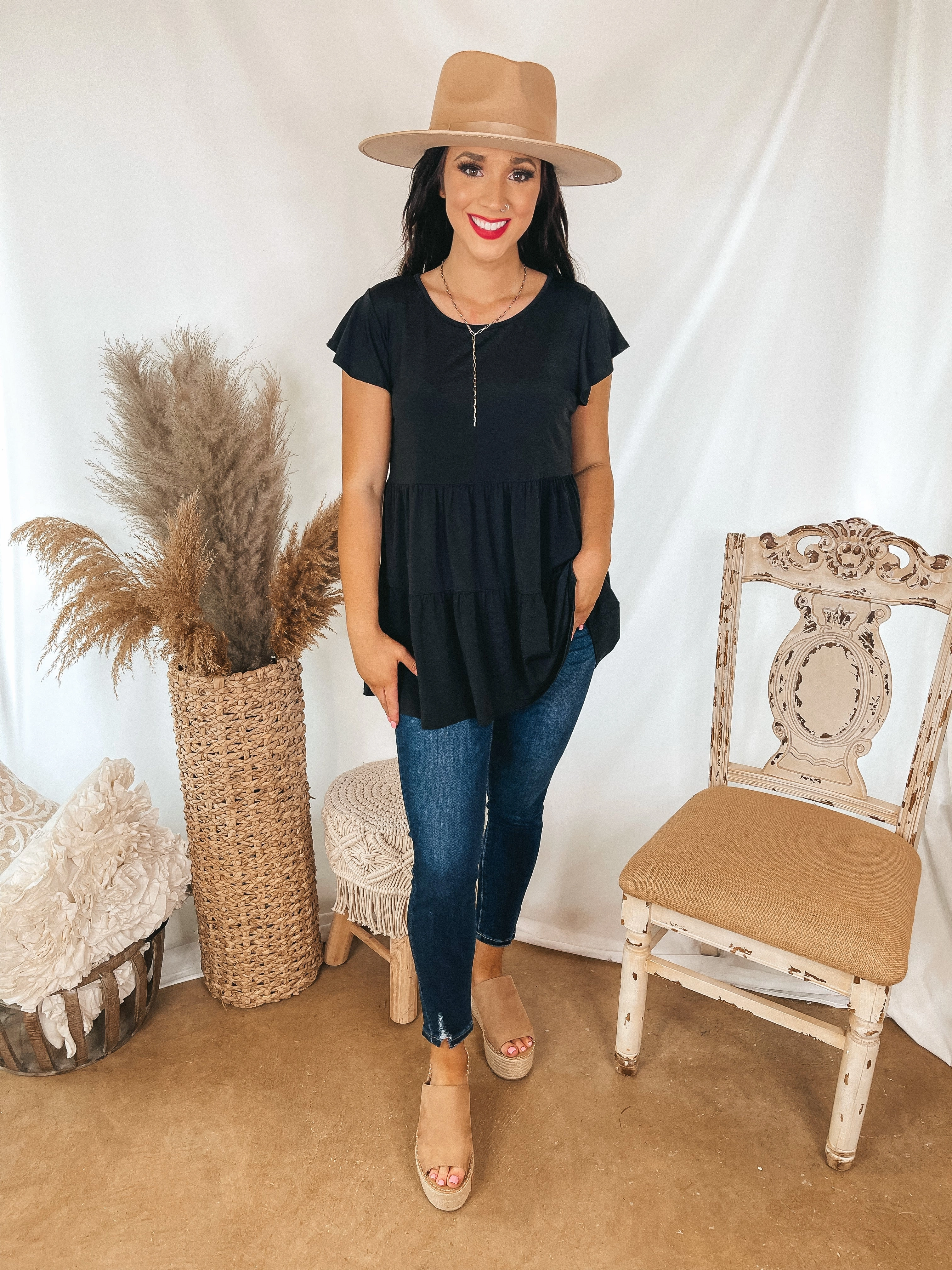 SoftTouchFinish Treat it Right Three Tiered Bulgari Babydoll Top with Ruffle Cap Sleeves in Black