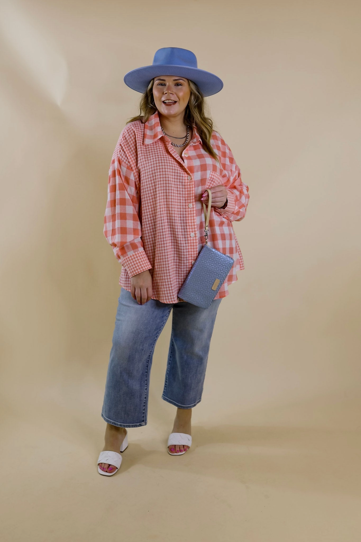 Waiting For You Mix Plaid Button Up Top in Coral Orange Skin Hug