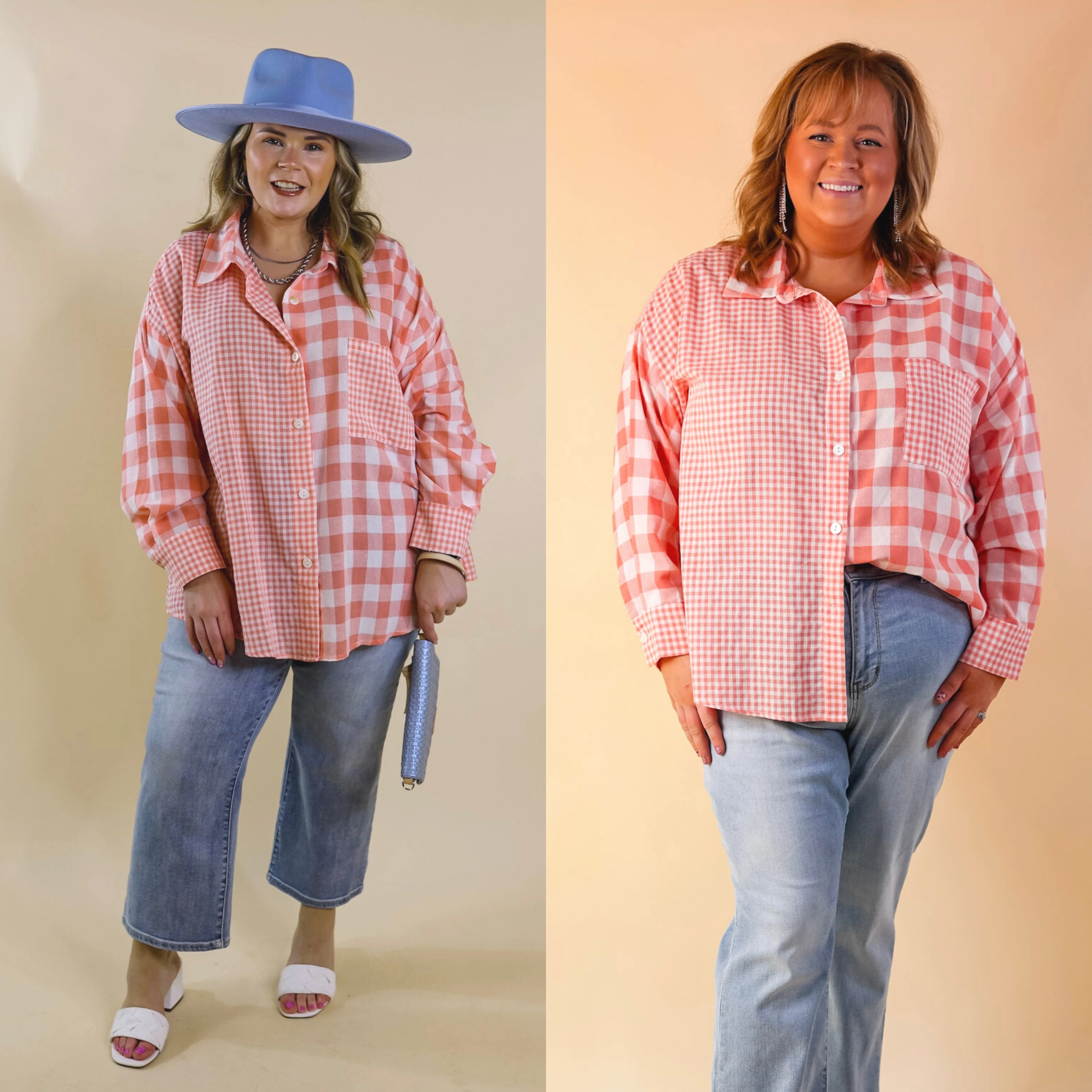 Flash Look Relaxed Fit Waiting For You Mix Plaid Button Up Top in Coral Orange