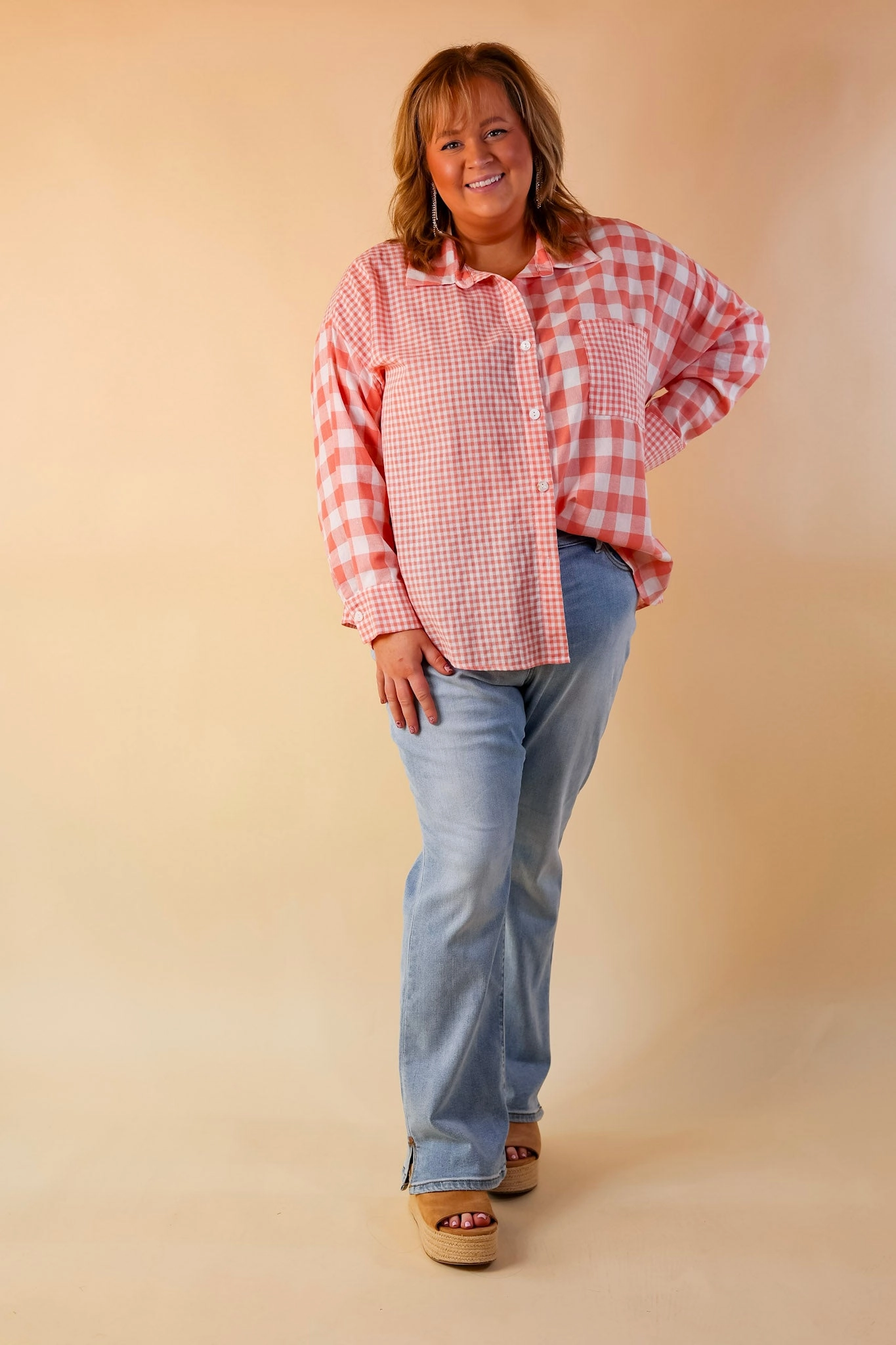 Waiting For You Mix Plaid Button Up Top in Coral Orange Sequin Glow