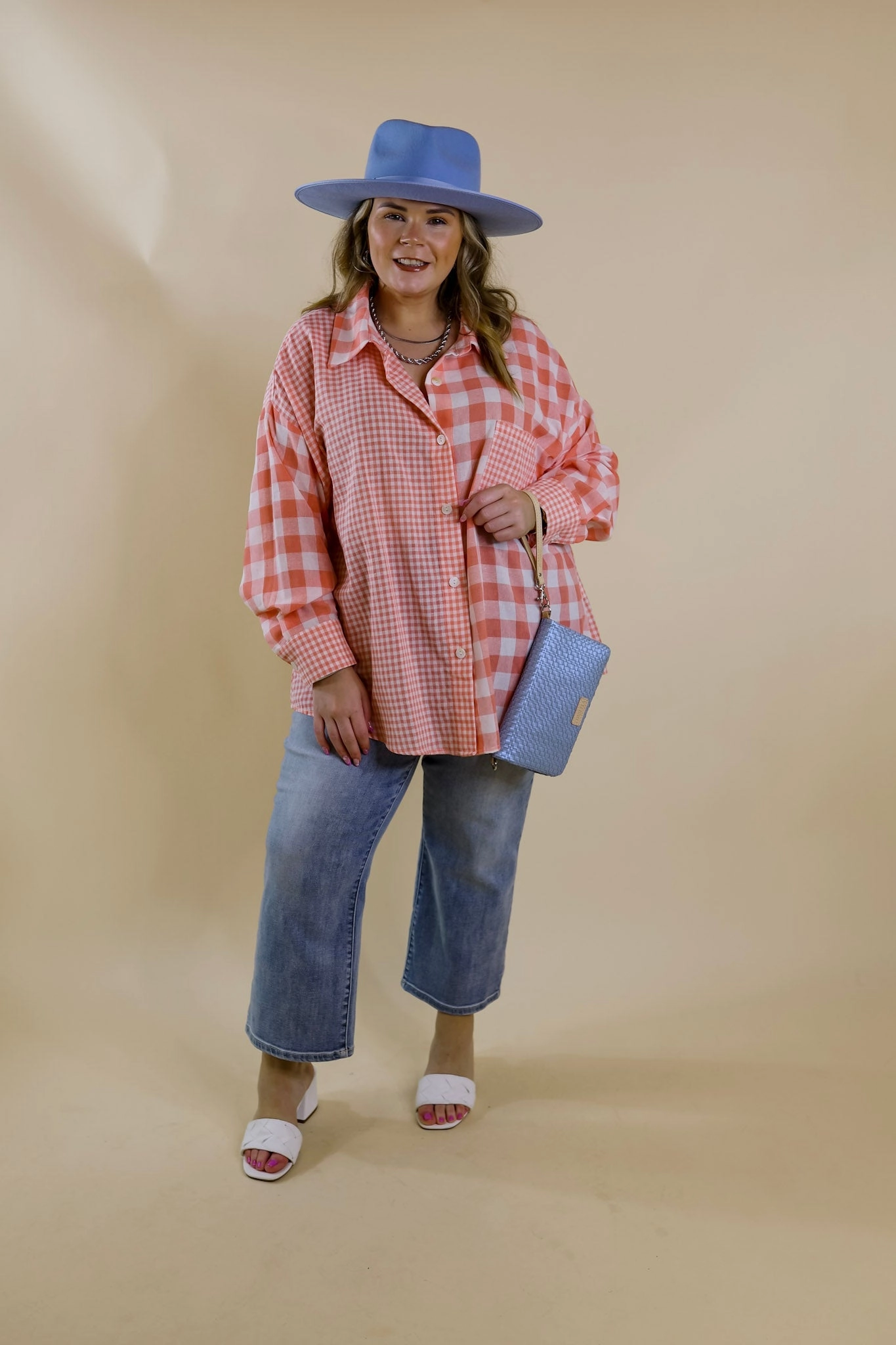 ThermalRegulatingFabric Waiting For You Mix Plaid Button Up Top in Coral Orange